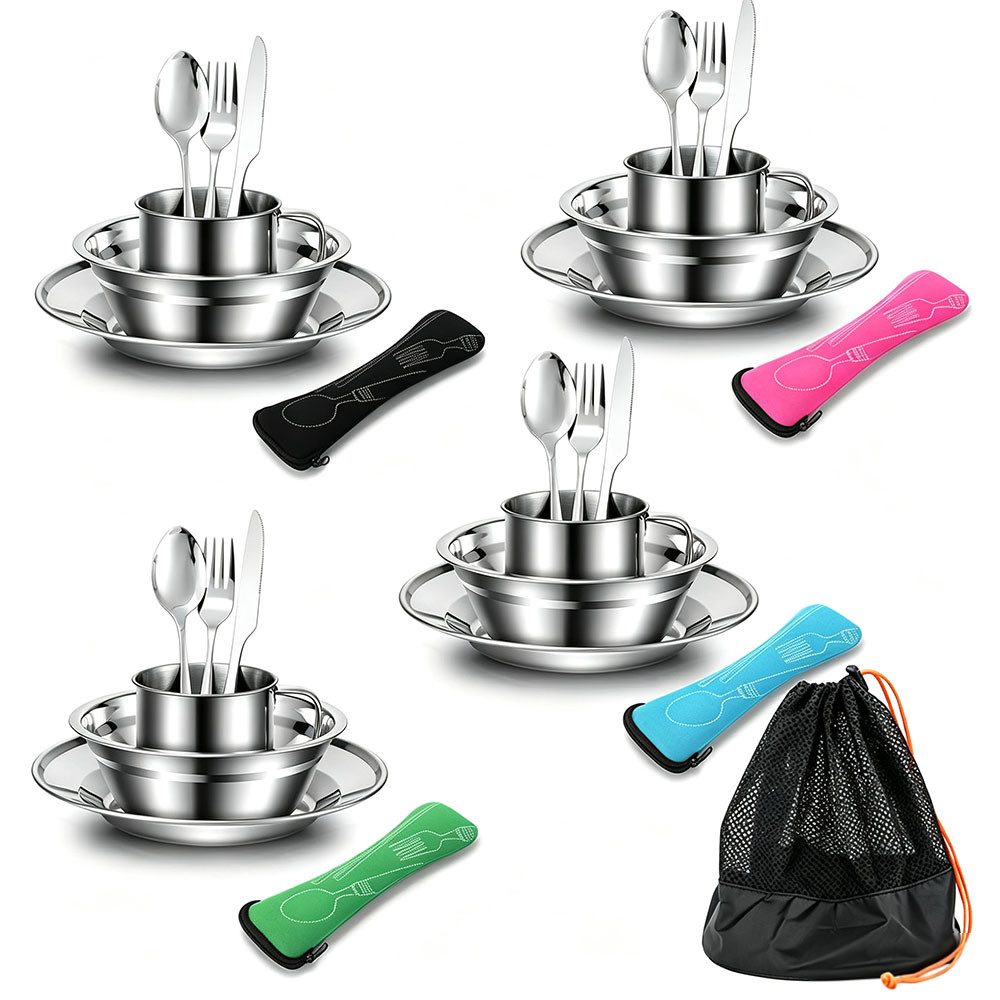 AFKSMILE Besteck-Set 4 Personen Campingbesteck Set Outdoor Reisebesteck aus Edelstahl (29-tlg), Klappbesteck mit Teller Tasse Outdoor Kochgeschirr Reisen Wandern Camp