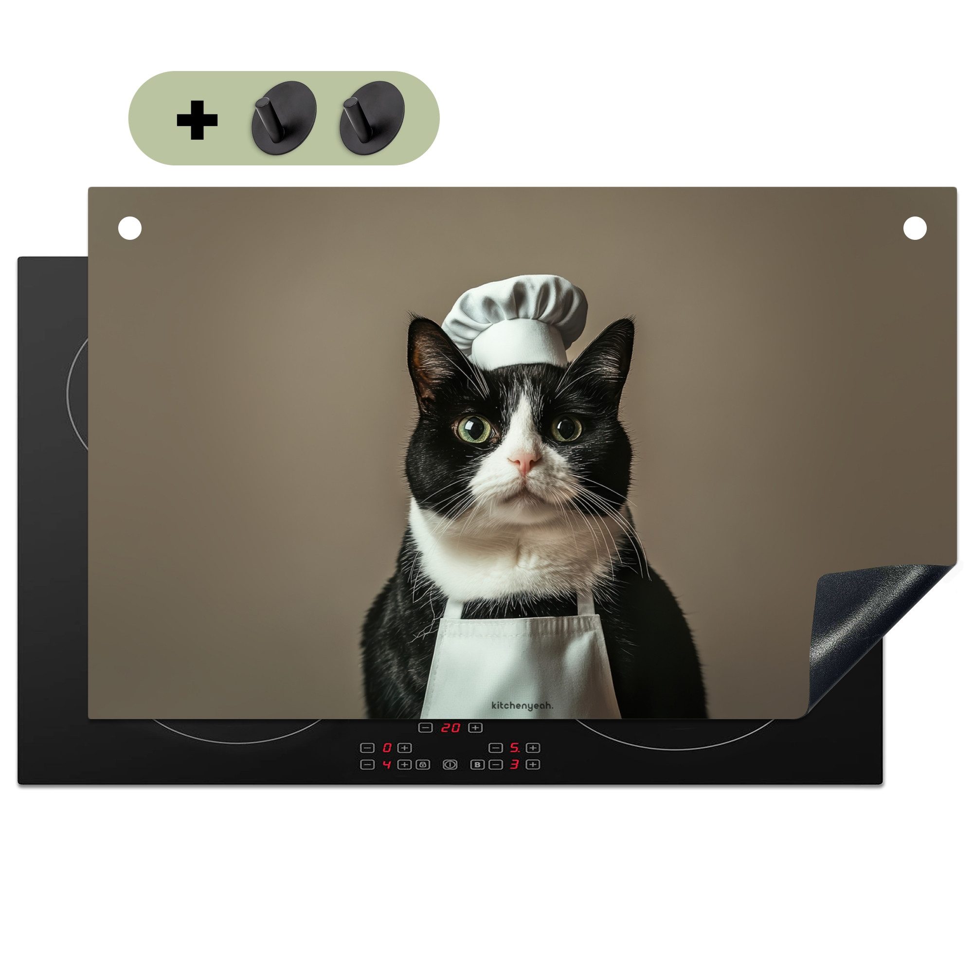 KitchenYeah Küchenrückwand Katze - Kochkleidung - Schwarz - Weiß, (1-tlg), Induktion Schutzmatte, Induktionsherd Abdeckung, 85x52 cm