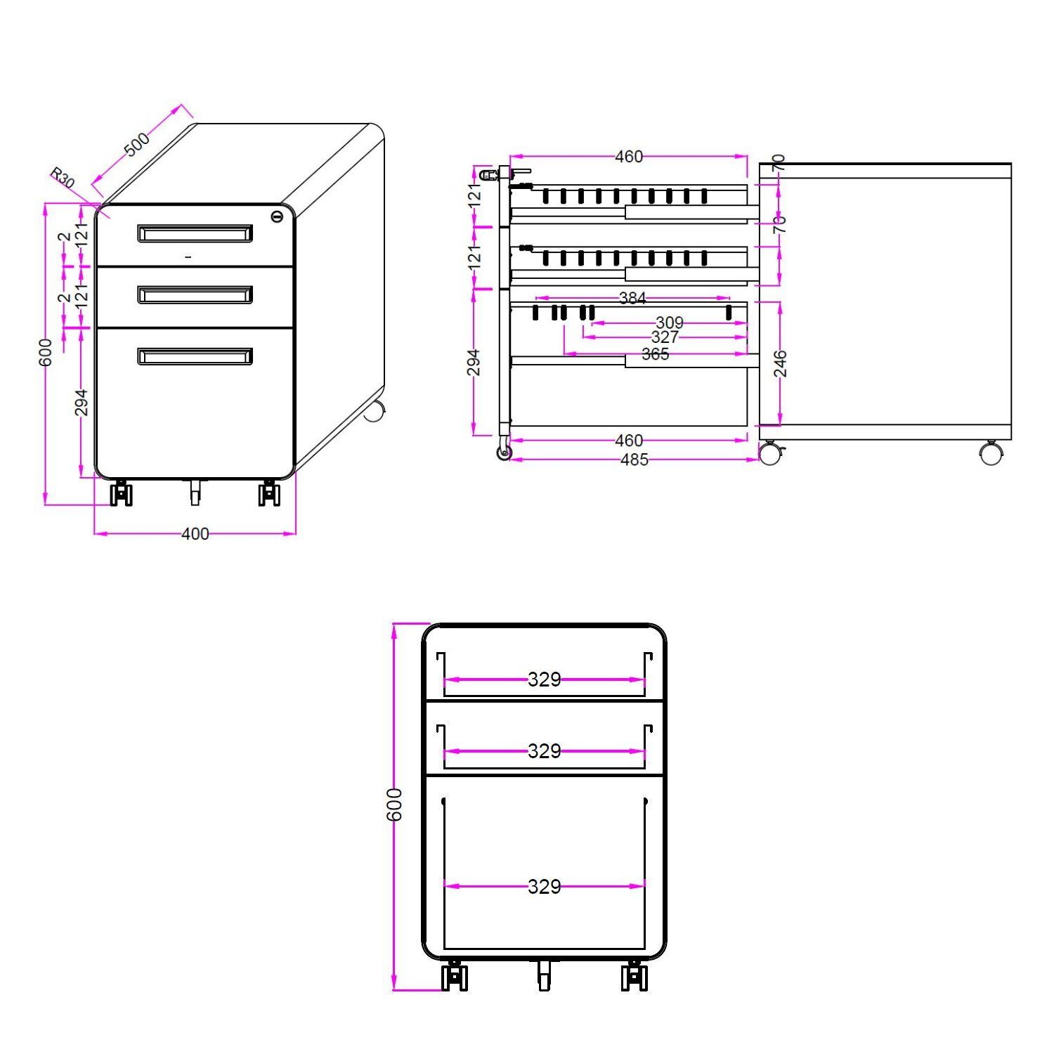 hjh PLUS Schubladenschrank Stahl, Schreibtisch COLOR OFFICE Weiß/Grau Rollcontainer I Rollcontainer