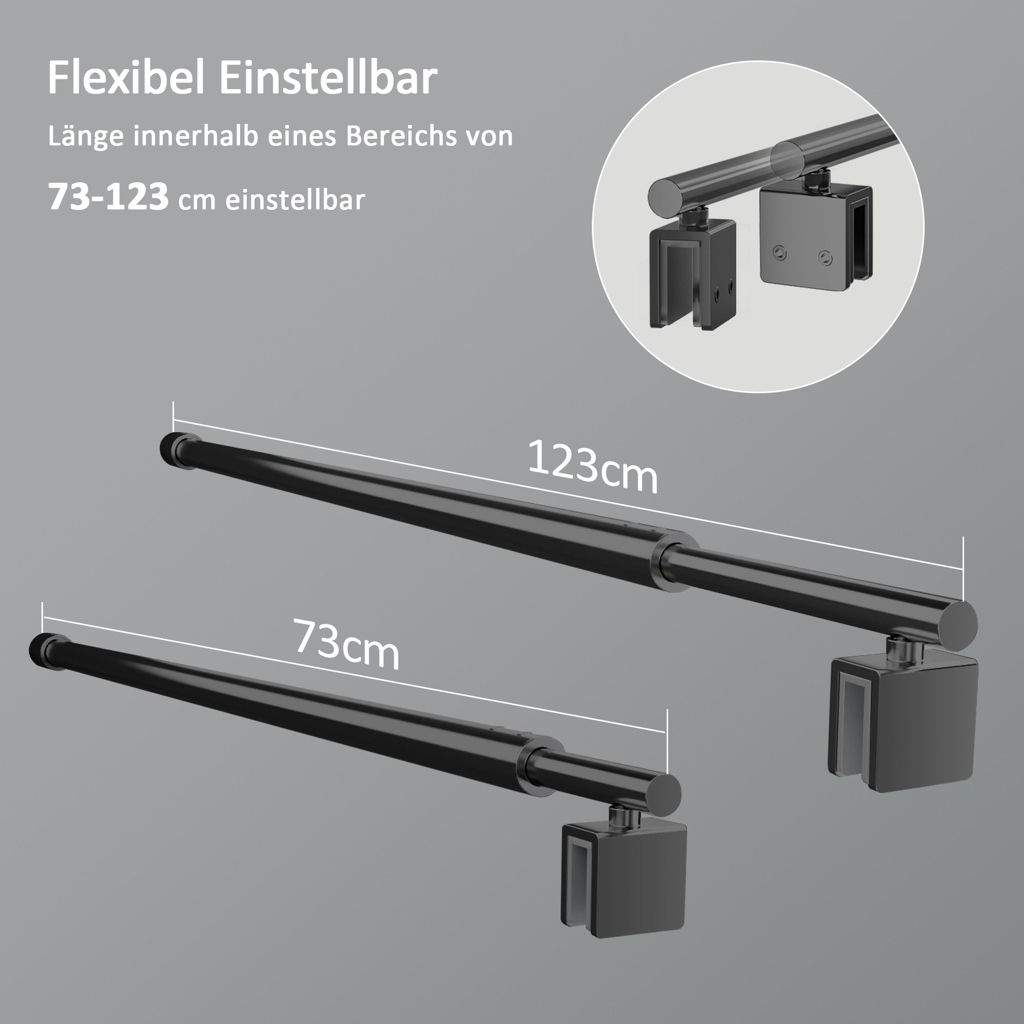 Boromal Duschwand-Stabilisationsstange Haltestange für 5-10 mm Walk In Duschwände Glaswand Stabilisator, justierbar 70-120cm Edelstahl / Schwarz – Bild 4 von 5
