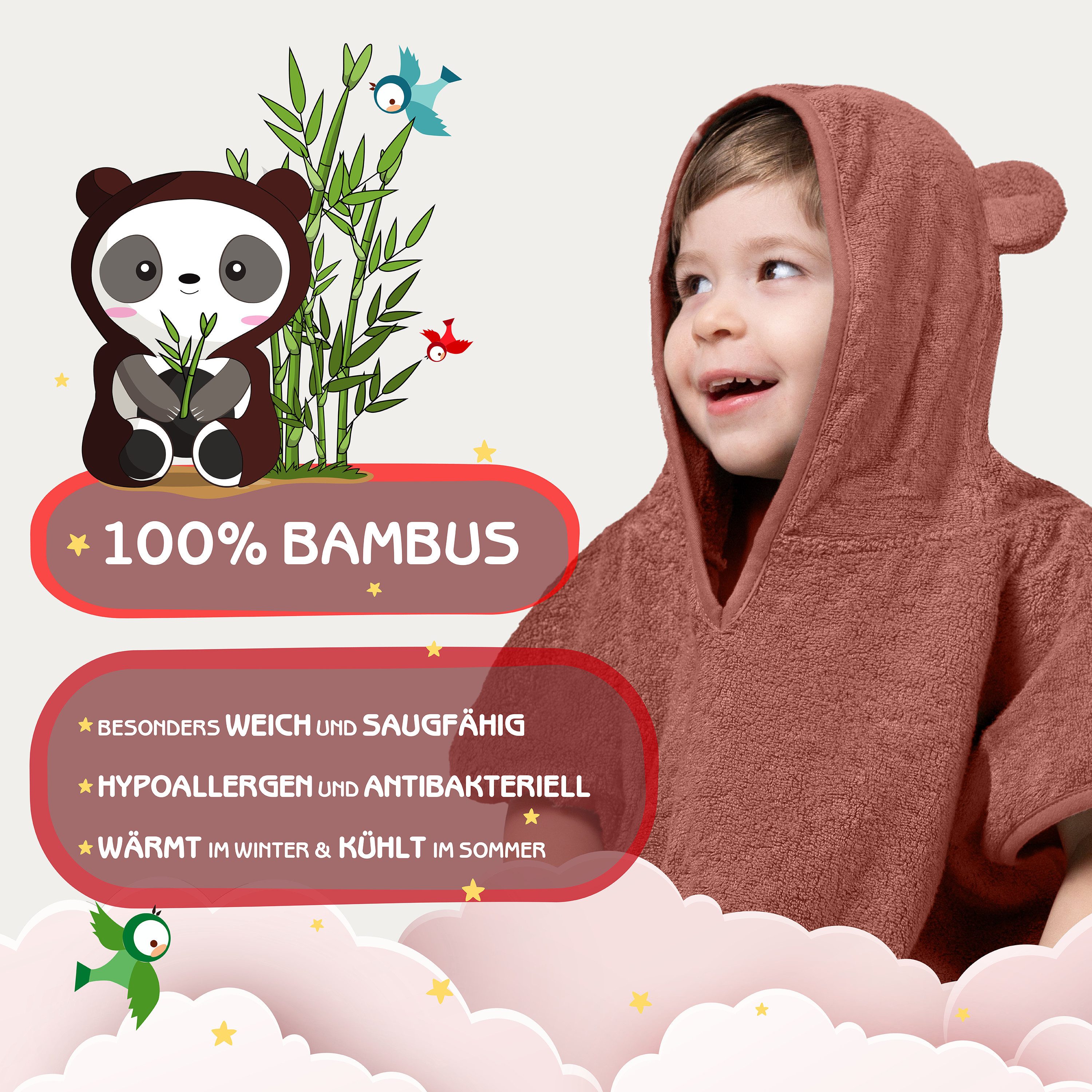 Fuchs & Panda Badeponcho Kuscheliger Badeponcho Baby und Kinder (0-4Jahre) aus 100% Bambus, 100% Bambus: Antimikrobiell, Atmungsaktiv, Hypoallergen, Superweich