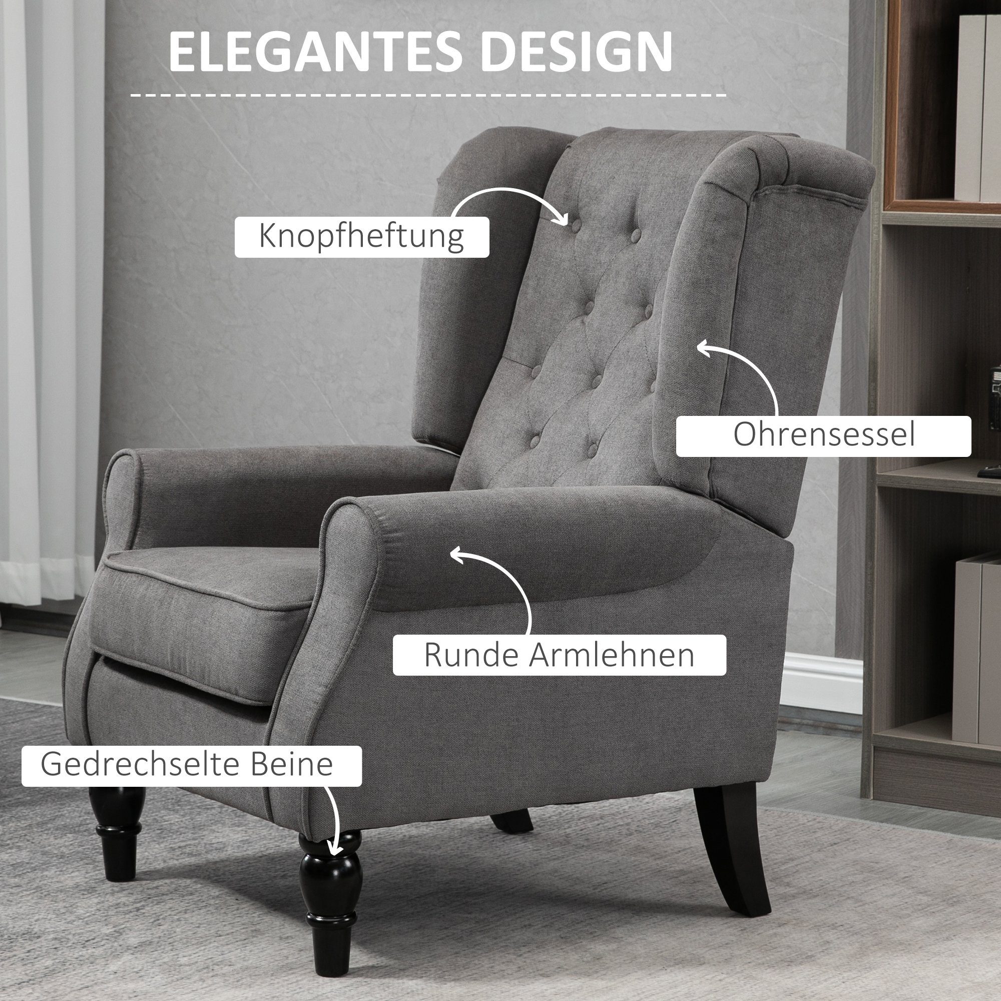Polyester, mit Sessel Holzfüße, 1-St., HOMCOM (Ohrensessel, Holzfüßen Akzentsessel Einzelstuhl Einzelsessel), mit Relaxsessel aus