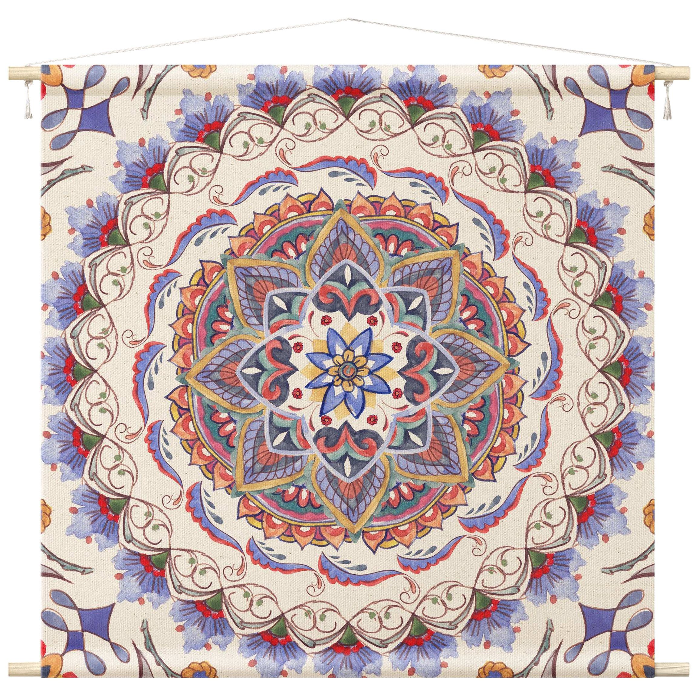 Bilderdepot24 Wandteppich modern Mandala Aquarell Muster Spirituell bunt, quadratisch, Höhe: 2.6 mm, großes Wandbild aus Natur-Baumwolle Wandbehang Stoffbild Tuch Wollseil
