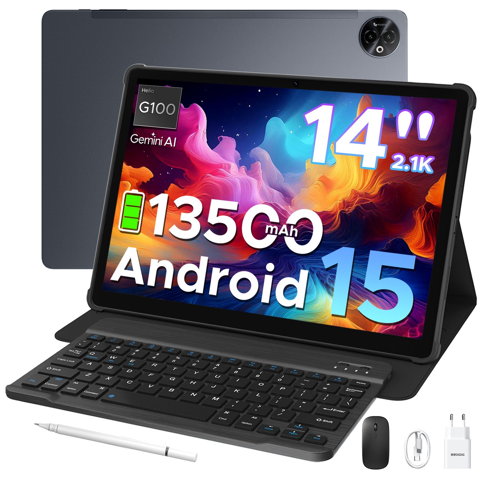 DOOGEE 2026 DOOGEE TabE3Max 14 zoll Tablet mit Tastatur 13500mAh 4G SIM Tablet (14", 256 GB, Android 15, 4G, 13500mAh, 32 GB RAM (8+24 GB)+256GB, Gemini AI, 5G WiFi, Dual 4G LTE)