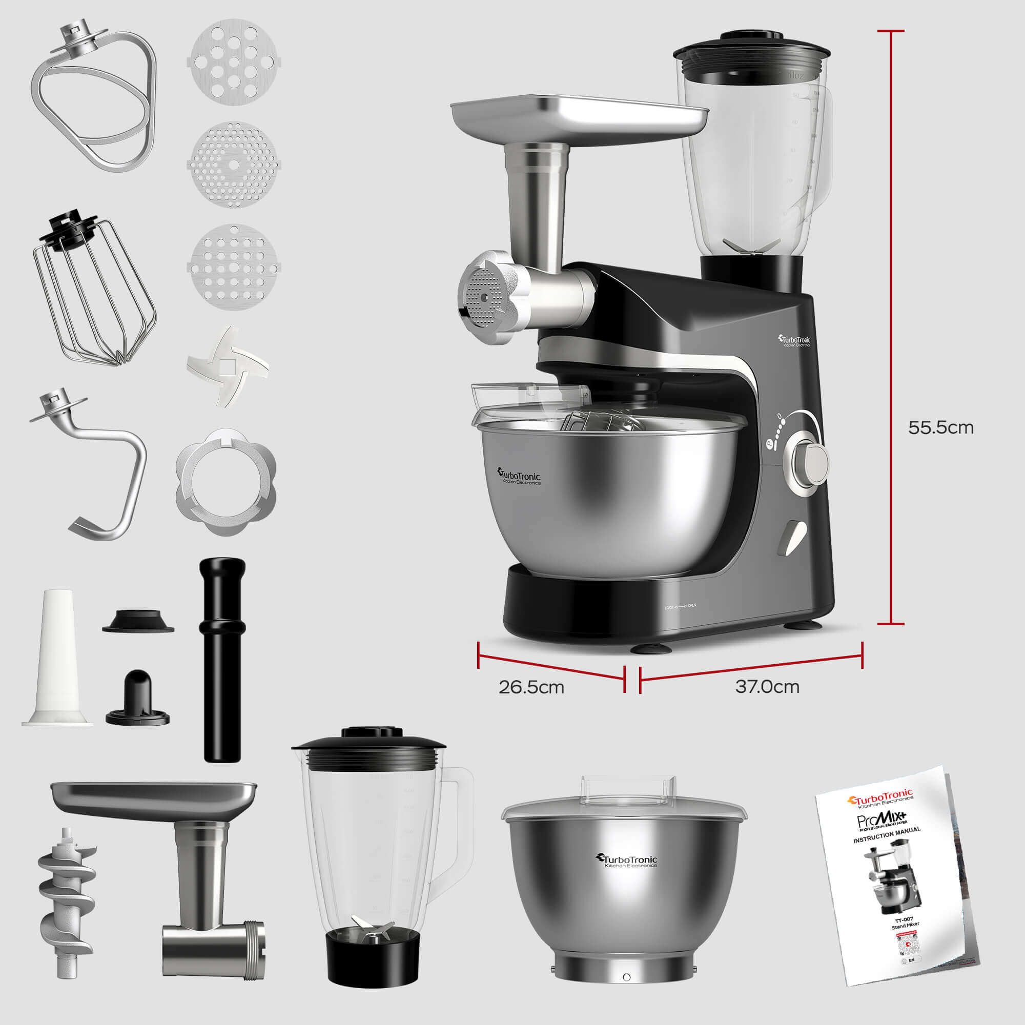 TurboTronic by Z-Line Küchenmaschine 2000 W mit 5 L Edelstahlschüssel & umfangreichem Zubehör, 2000 W, Knethaken, Schneebesen & Rührhaken für Brot-, Pizza- & Kuchenteige