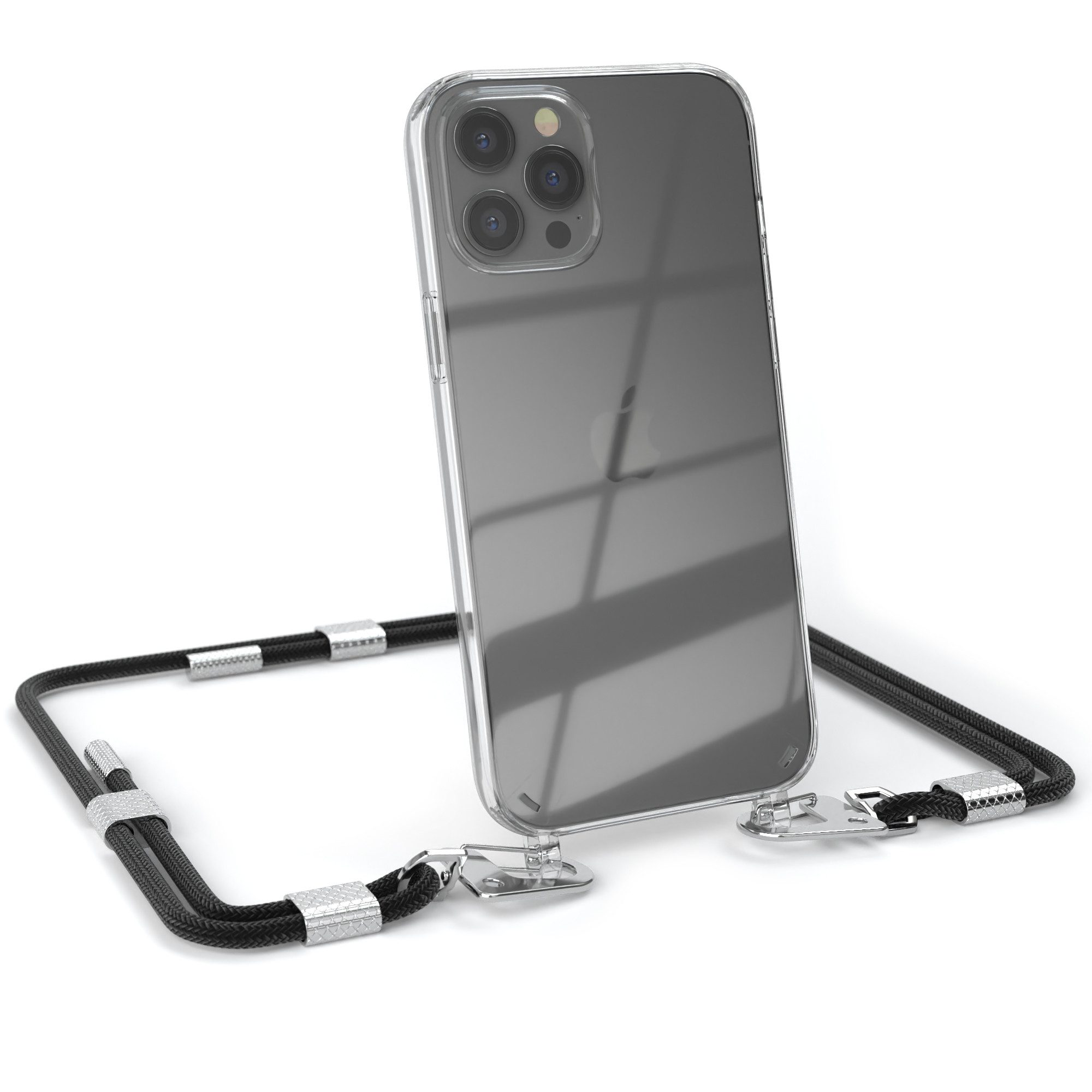 EAZY CASE Handykette Silikonhülle mit Kette für Apple iPhone 12 Pro Max 6,7 Zoll, Ketten Hülle Transparent Case Kettenhülle abnehmbare Kordel Schwarz