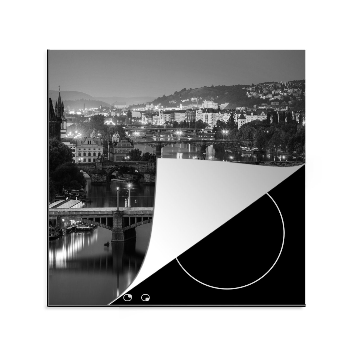 MuchoWow Herdblende-/Abdeckplatte Prag - Architektur - Schwarz und weiß, Vinyl, (1 tlg), 78x78 cm, Ceranfeldabdeckung, Arbeitsplatte für küche
