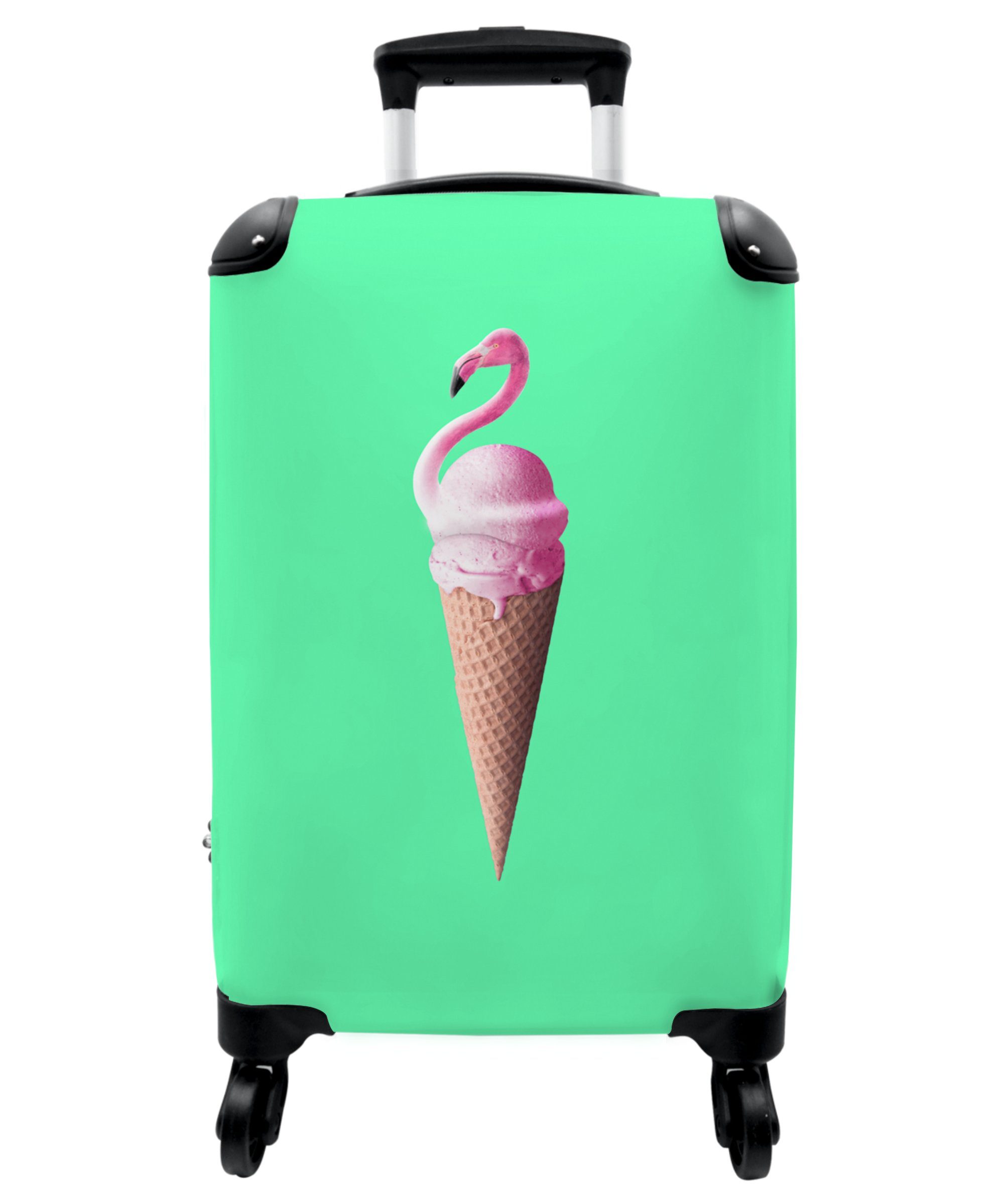 NoBoringSuitcases.com© Handgepäckkoffer 55x35x20cm Eistüten - Eiscreme - Flamingo - Rosa - Grün, 4 Rollen, Handgepäck Trolley Rollkoffer Kleine Reisekoffer mit 4 Rollen - Cabin