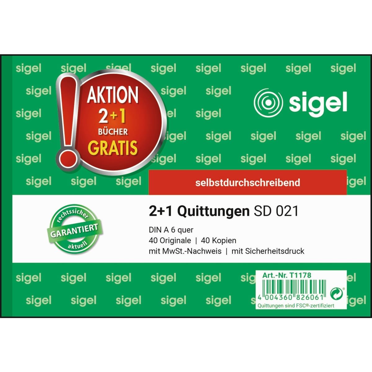 Sigel Formularblock Quittung A6 SD 2x40 Blatt mit MwSt.-Nachweis 3 Stück