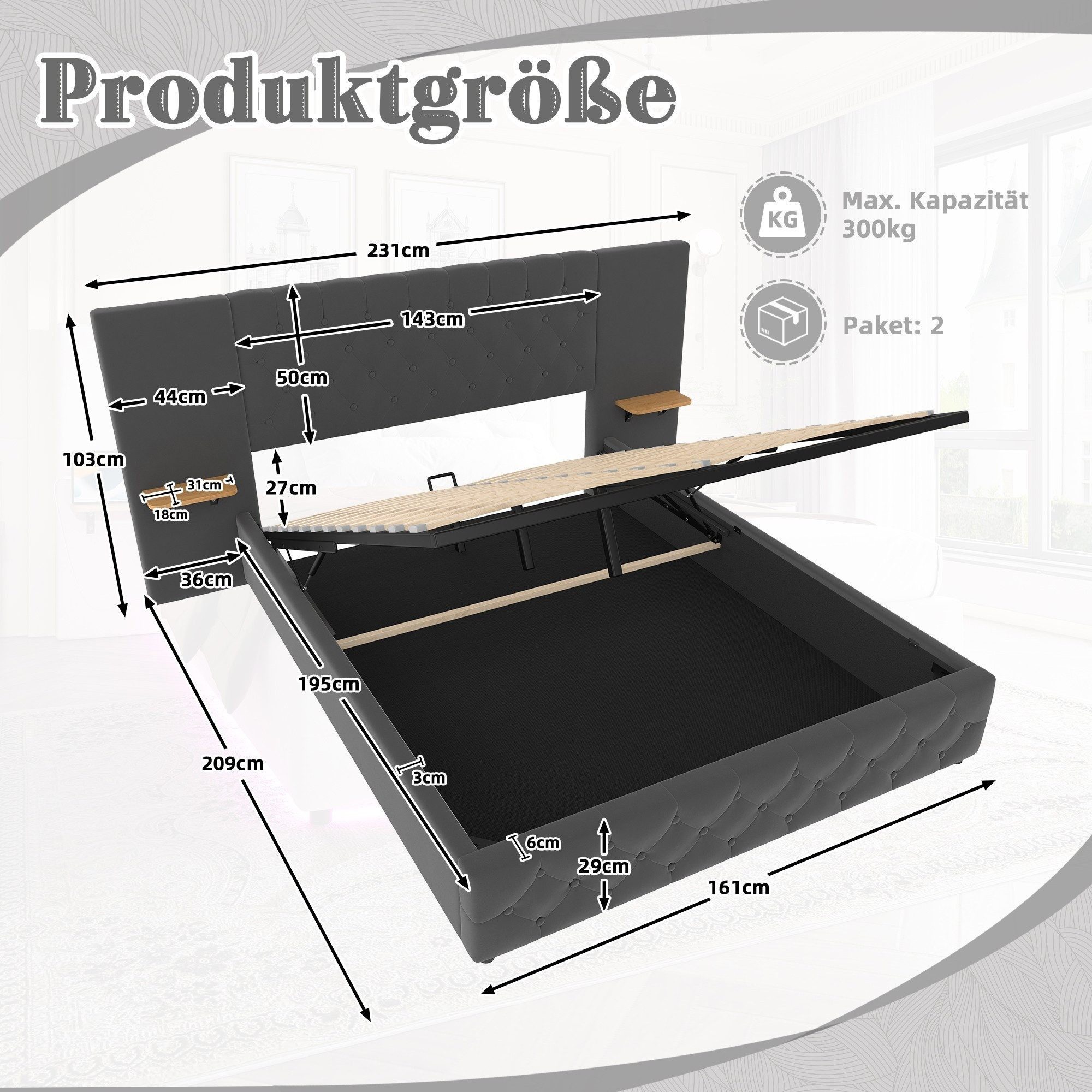 LVHOM Boxbett 140x200cm/160x200cm diamantgeprägtem Knopf Bettgestell, Samt, LED (langes Kopfteil, USB-Ladeanschlüssen, Bettkasten/hydraulischem Stauraum-System, freie Staubschutzhülle für Stauraum als Geschenk, für maximalen Komfort, Stil und praktische Alltagslösungen), Geeignet für Schlafzimmer in verschiedenen Häusern/Wohnungen/Hotel
