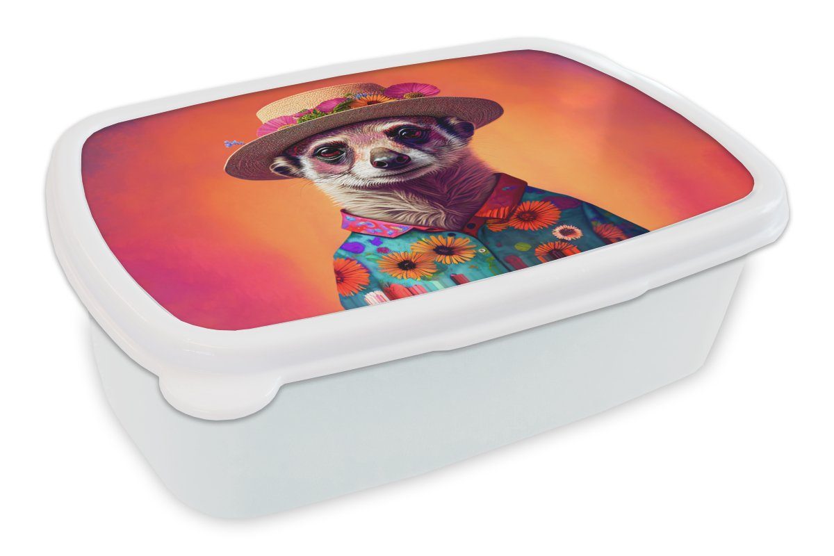 MuchoWow Lunchbox Erdmännchen - Blumen - Hut - Tiere - Porträt - Erdmännchen, Kunststoff, (2-tlg), Brotbox für Kinder und Erwachsene, Brotdose, für Jungs und Mädchen weiß