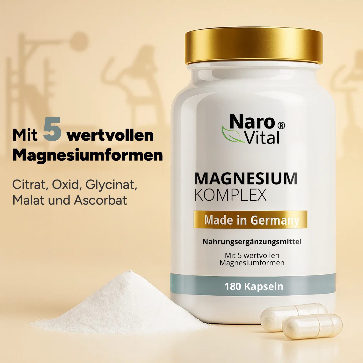 NaroVital Magnesium Komplex - Citrat, Oxid, Glycinat, Malat und Ascorbat - 180 Kapseln, 180 St.