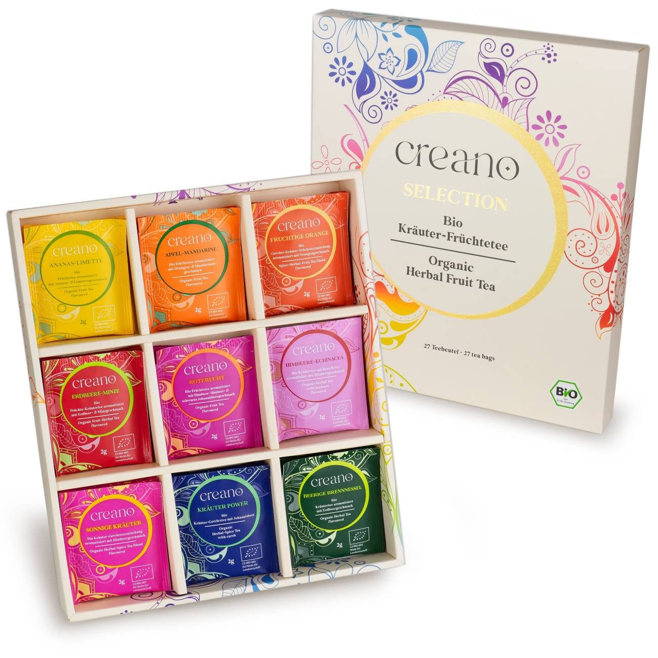 Creano Tee Bio Früchte- Kräutertee 27er Geschenkset „ORGANIC HERBAL TEA“*, 1 x 27 St. (27 Bio-Teebeutel)