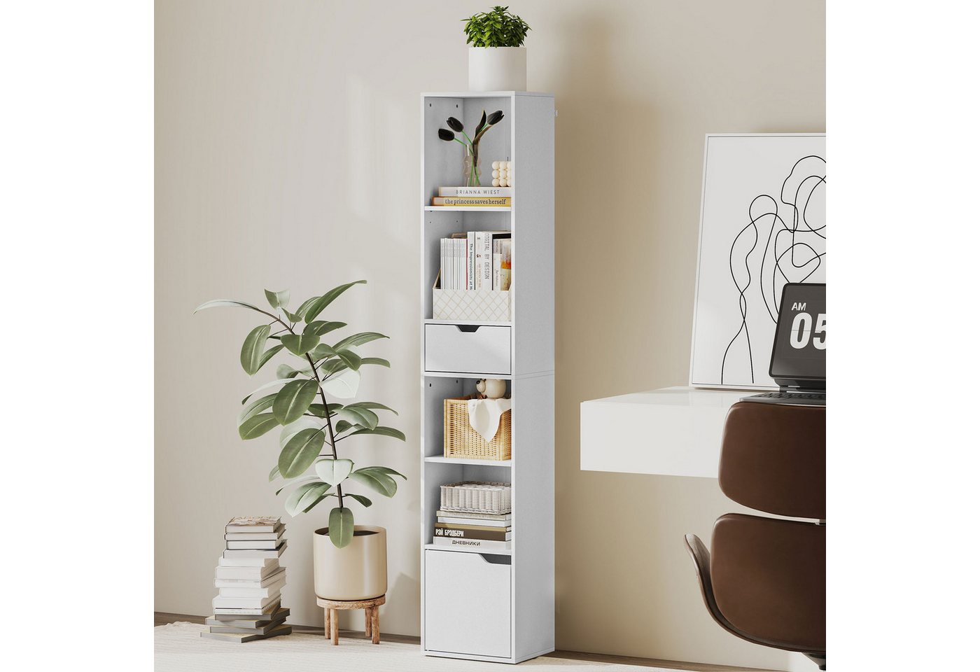HOMCOM Bücherregal Regal mit 6 Ebenen, Schmal, mit Schublade, Dekoregal, Standregale 1-tlg., für Wohnzimmer, Büro, Weiß