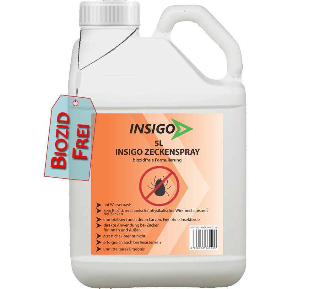 INSIGO Insektenspray INSIGO ZECKE, 5 l, biozidfreie Formel, auf Wasserbasis, geruchsarm, brennt / ätzt nicht