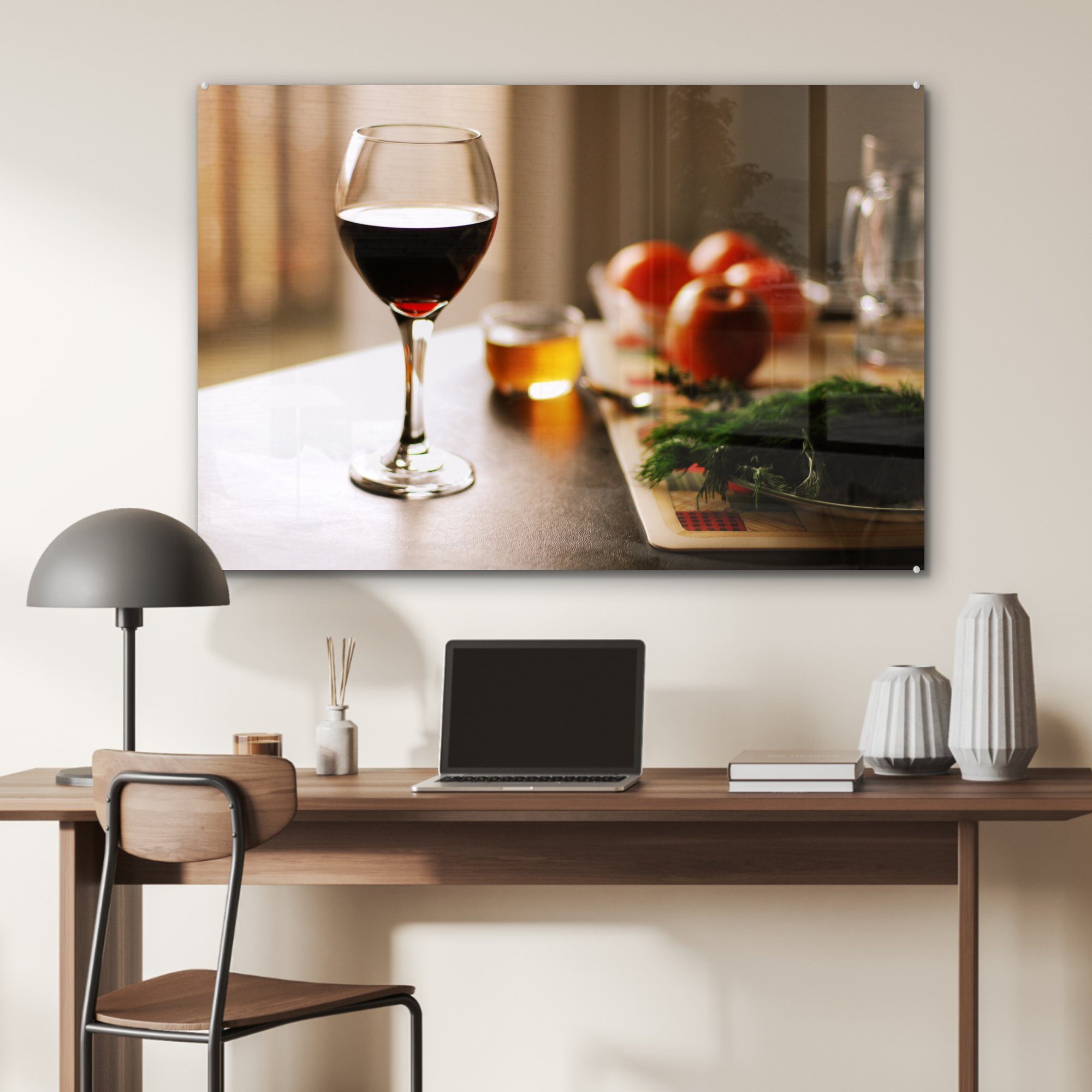 MuchoWow Acrylglasbild Leckerer Acrylglasbilder Rotwein mit St), Wohnzimmer (1 Schlafzimmer & Gemüse