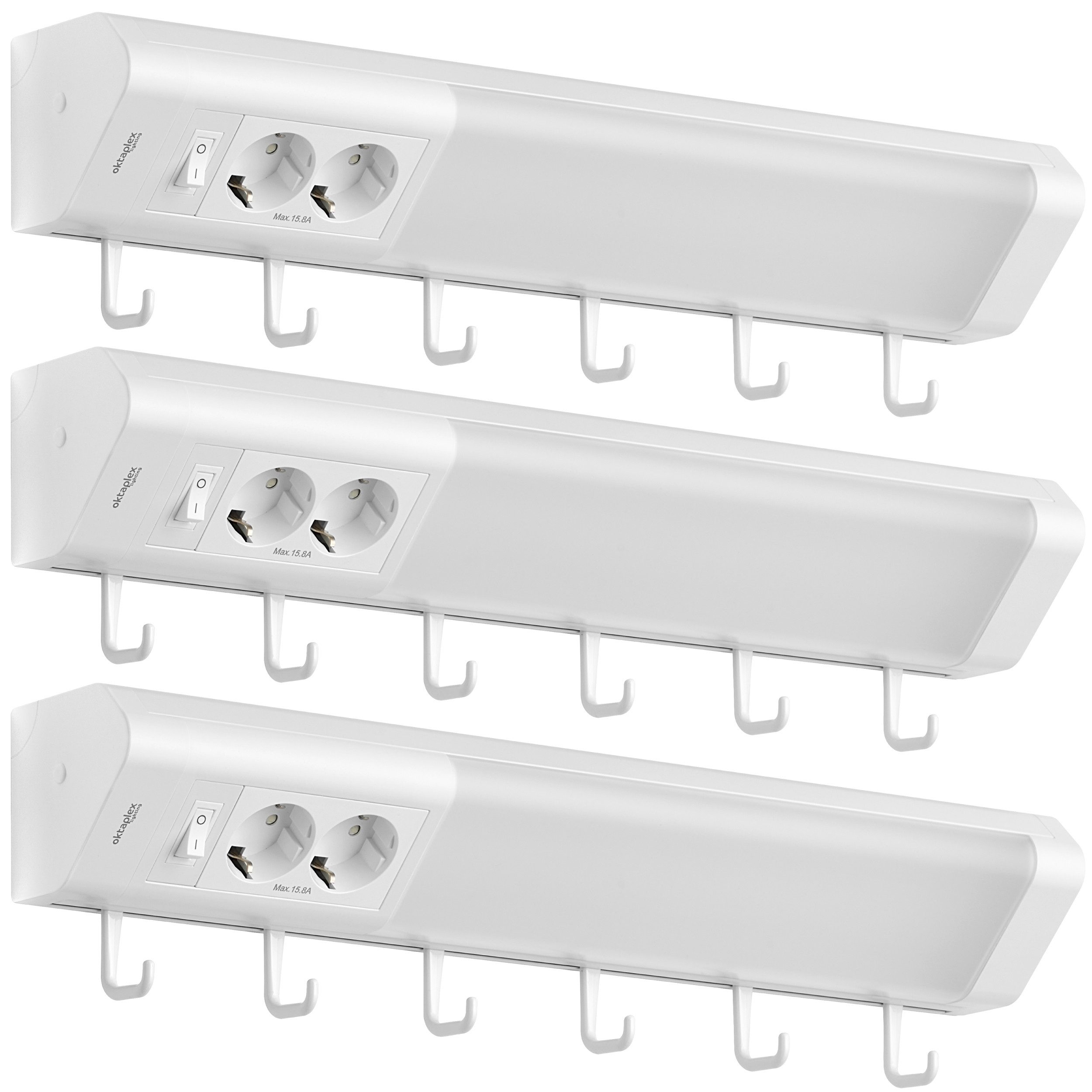 Oktaplex lighting LED Unterbauleuchte Talin 50cm Unterbauleuchte mit Steckdose 1085lm 9,7W, LED, warmweiß, 3000K Lichtleiste mit Schalter und Hacken