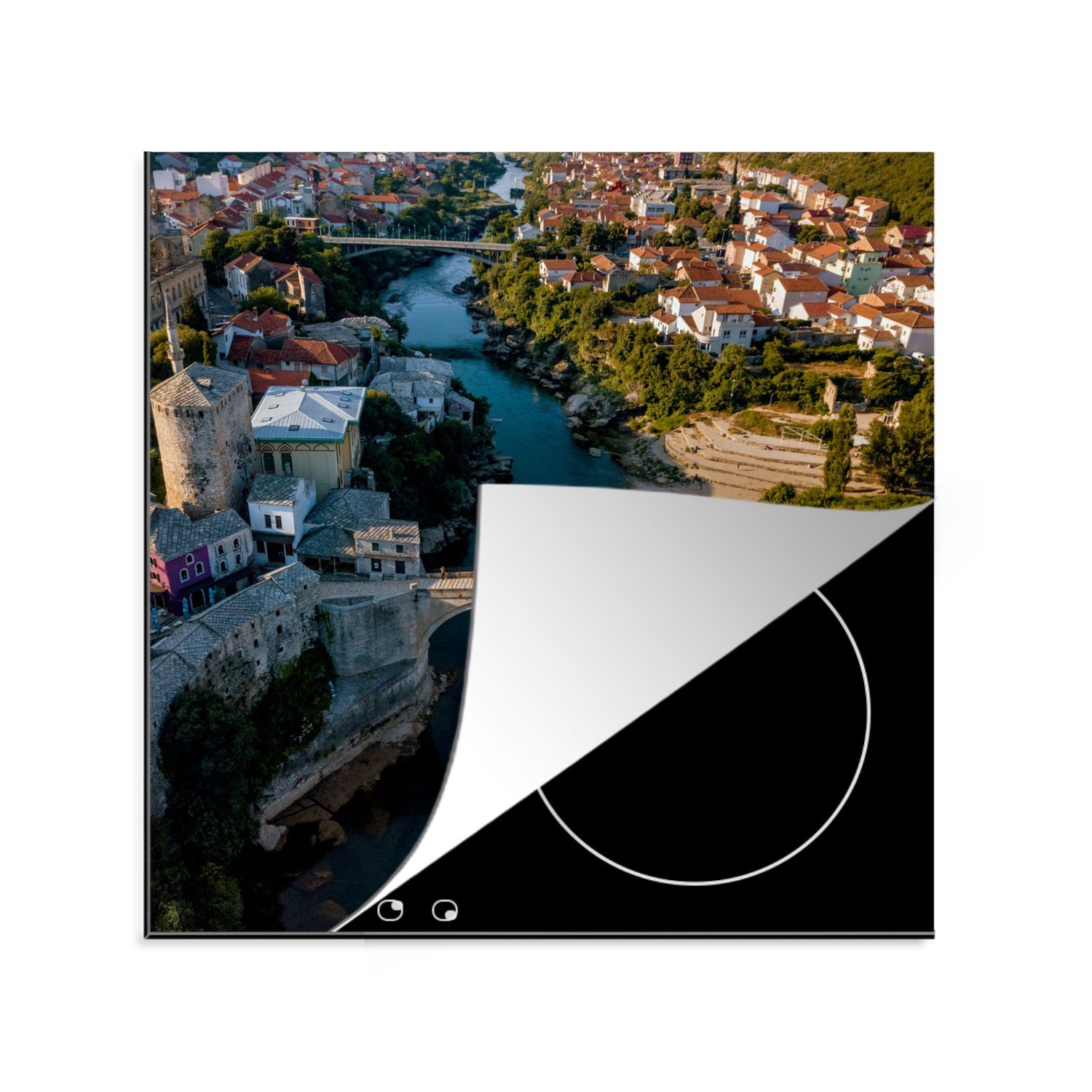 MuchoWow Herdblende-/Abdeckplatte Die Stari-Brücke in Bosnien und Herzegowina aus der Vogelperspektive, Vinyl, (1 tlg), 78x78 cm, Ceranfeldabdeckung, Arbeitsplatte für küche