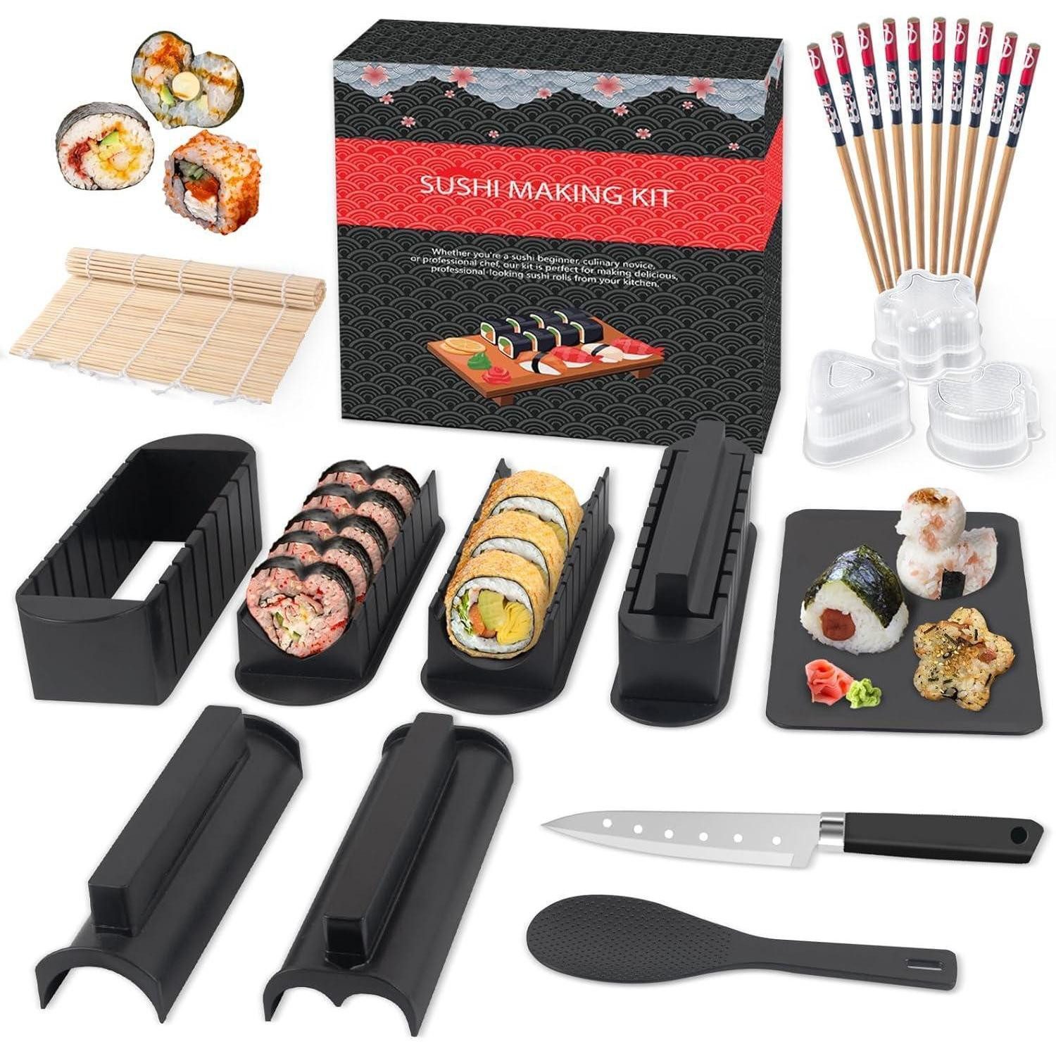 LuxusKollektion Kochbesteck-Set Sushi Maker Set 20 Teile Sushiteller Reis Roll Stäbchen Schwarz+teller