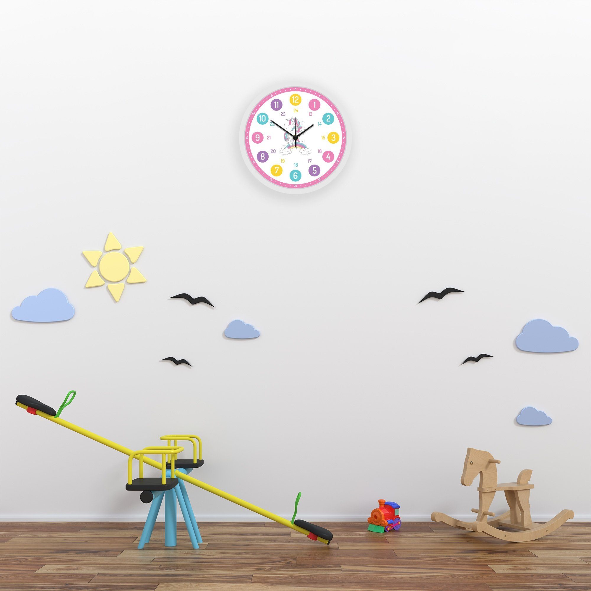 GRAVURZEILE Wanduhr GRAVURZEILE Wanduhr Kinder Einhorn Motiv - Geräuscharm
