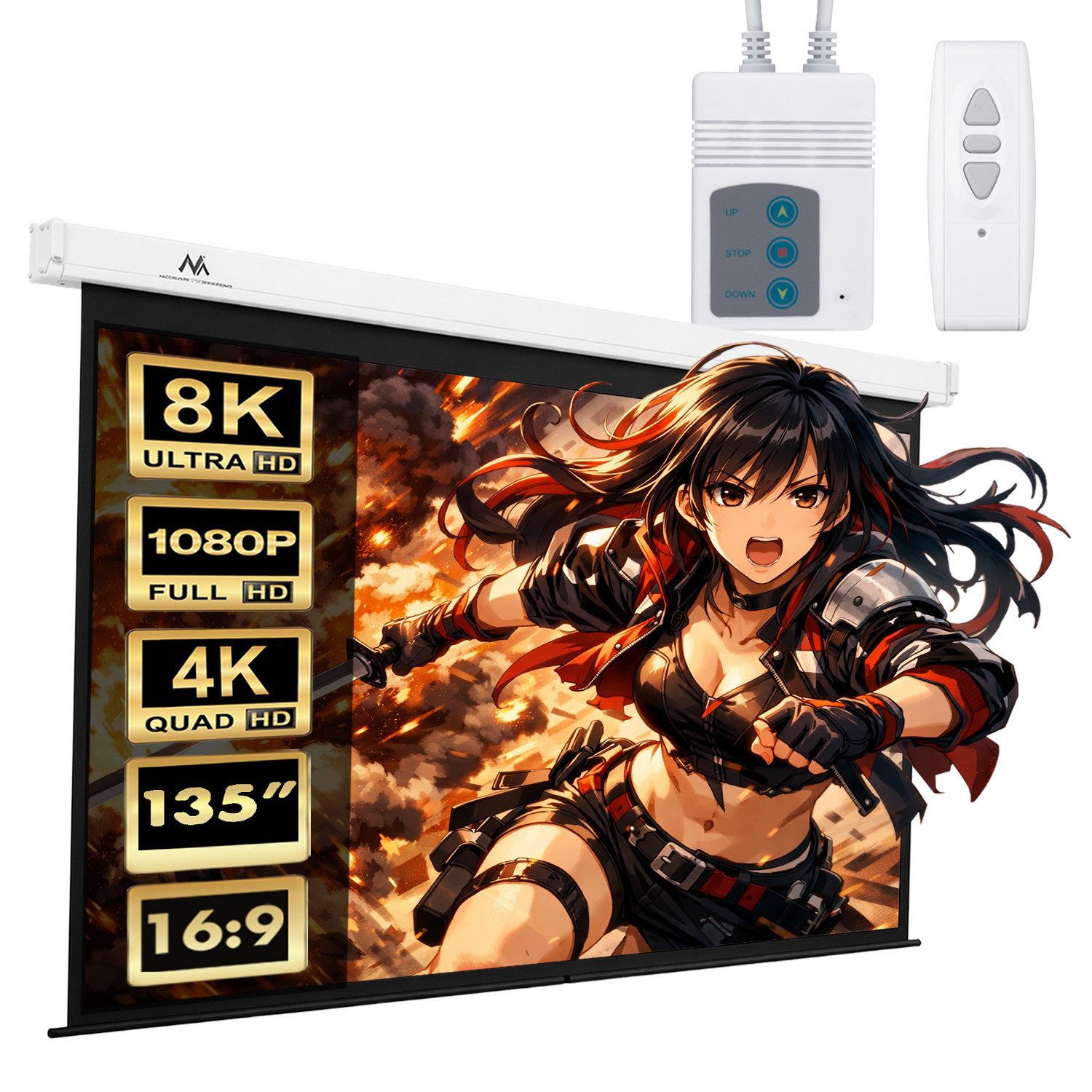 Maclean MC-561 Elektrische Projektionsleinwand 300 x 168 cm 135'' Motorleinwand (Steuerung über Wandschalter und Fernbedienung 16:9)