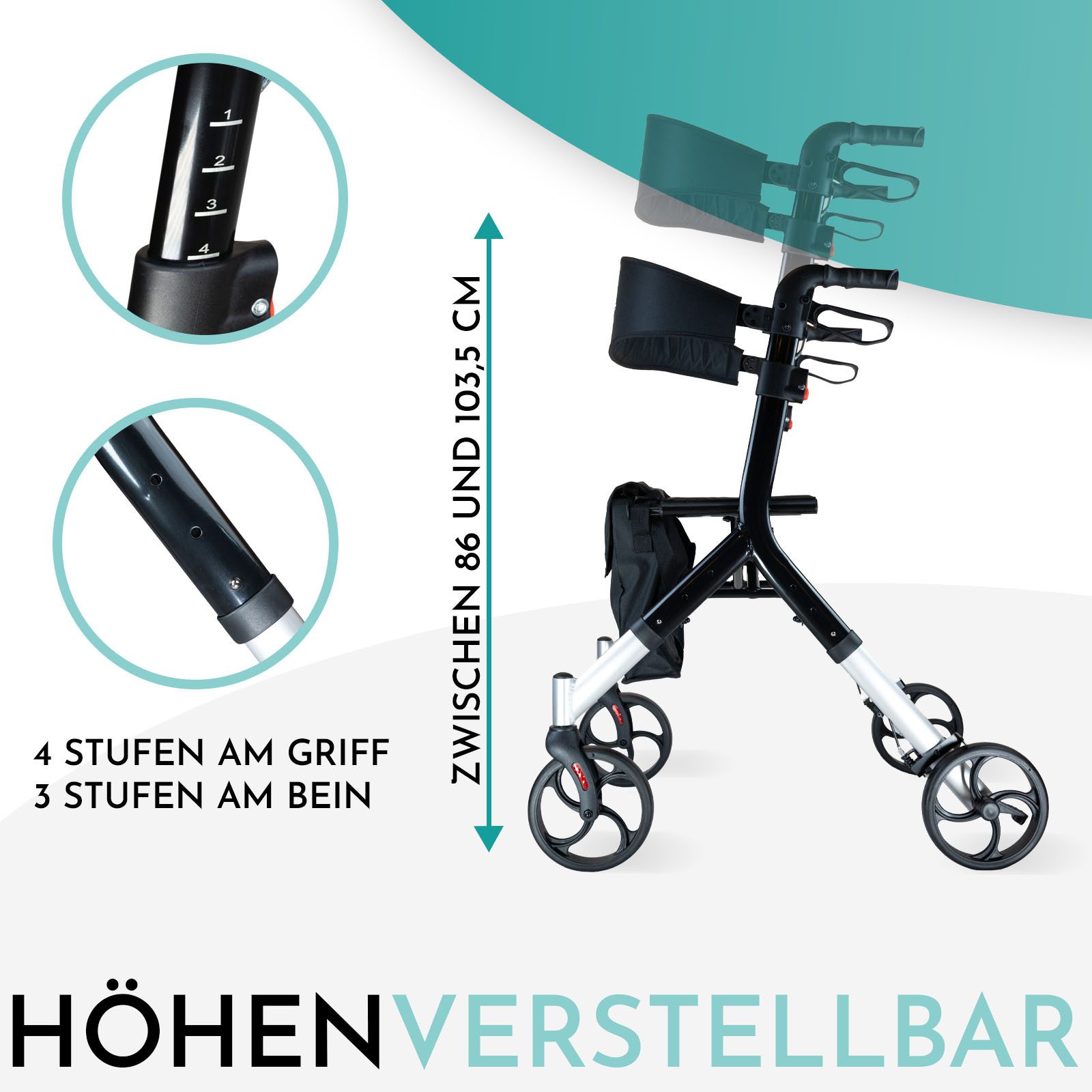 MOBILITY Plus+ Rollator DR10+, Gehwagen im Trend-Design - klappbar, höhenverstellbar u, inkl. Tasche