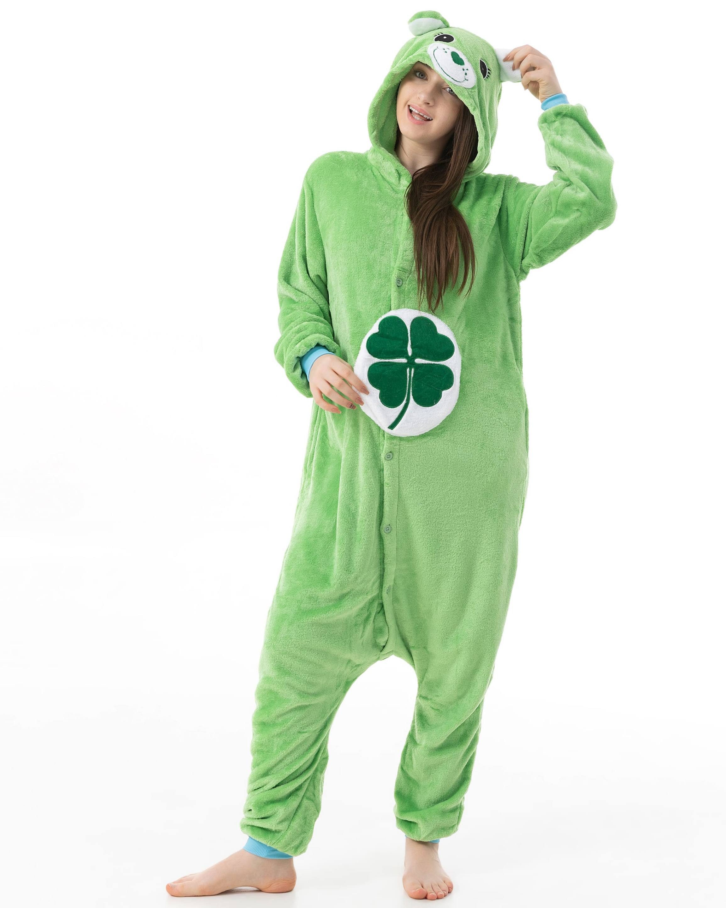 Katara Partyanzug Glücksbärchis Jumpsuit Onesie für Erwachsene S-XL, Karneval Kostüm, Kigurumi - Glücksbärchi Kleeblatt grün XL (175-185cm)