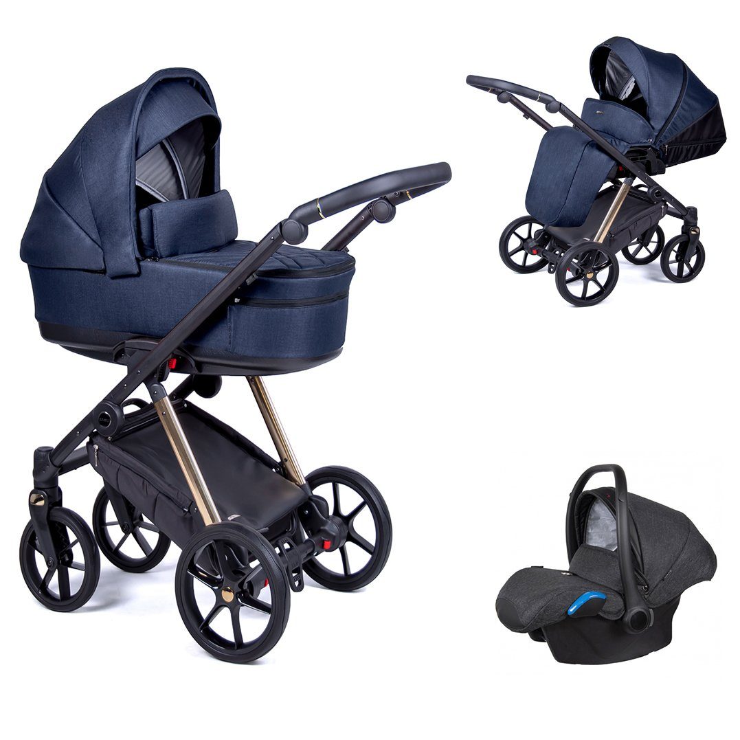 babies-on-wheels Kombi-Kinderwagen 3 in 1 15 Axxis - gold Gestell - = 24 Kinderwagen-Set Navy Teile Designs in