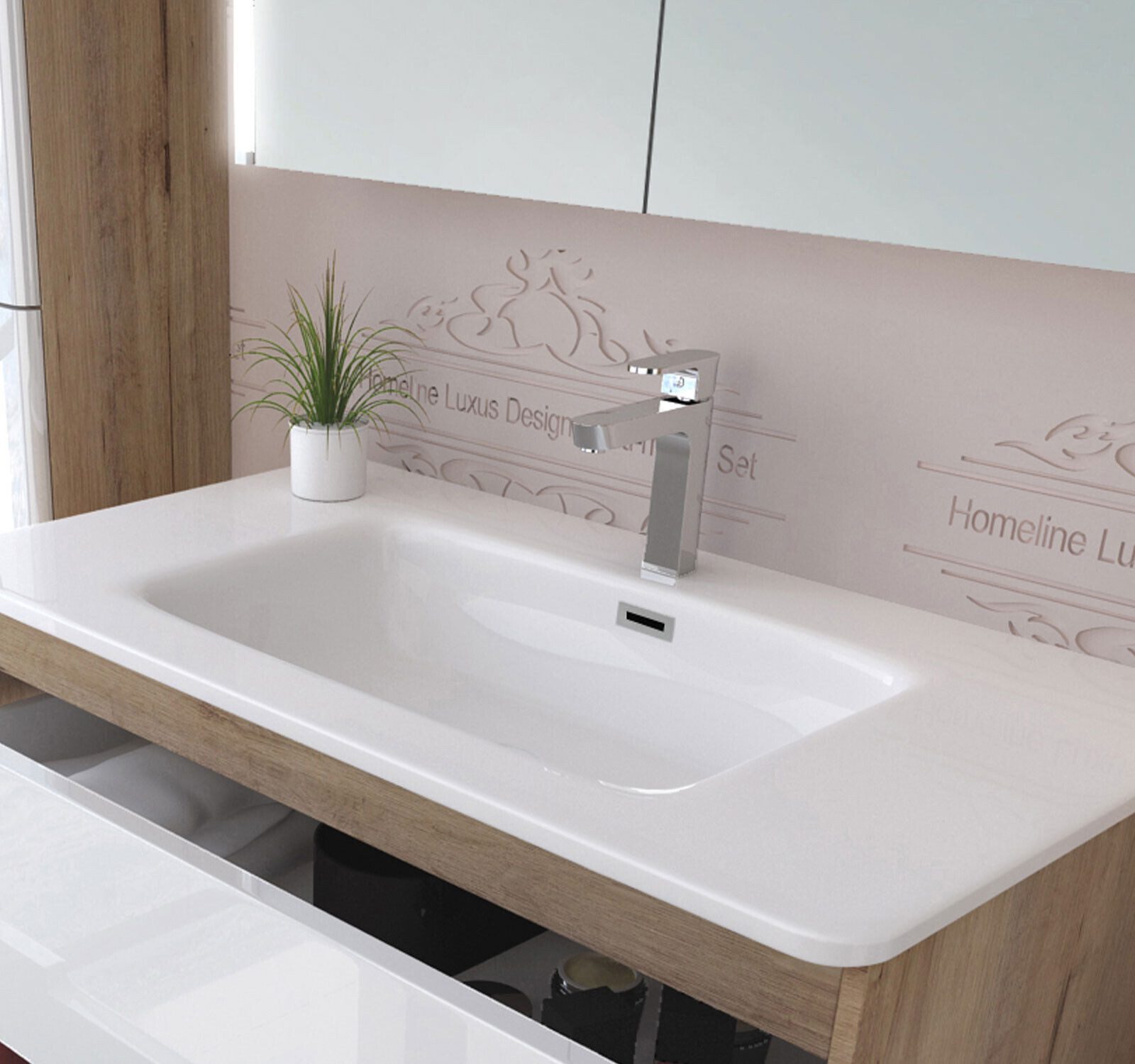 Homeline Badmöbel-Set Bad Möbelset Badezimmer Möbel Hochglanz 90 cm Eiche / Weiß Schwarz, (Spar-Set, 3-St., Fünfteiliges Set), Spiegelschrank mit Keramikbecken, Hochglanz