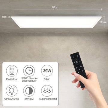 ZMH LED Panel Flach Deckenleuchte Wohnzimmer Modern Büro Küche Schlafzimmer, Tageslichtweiß, 80 x 30cm, 39W