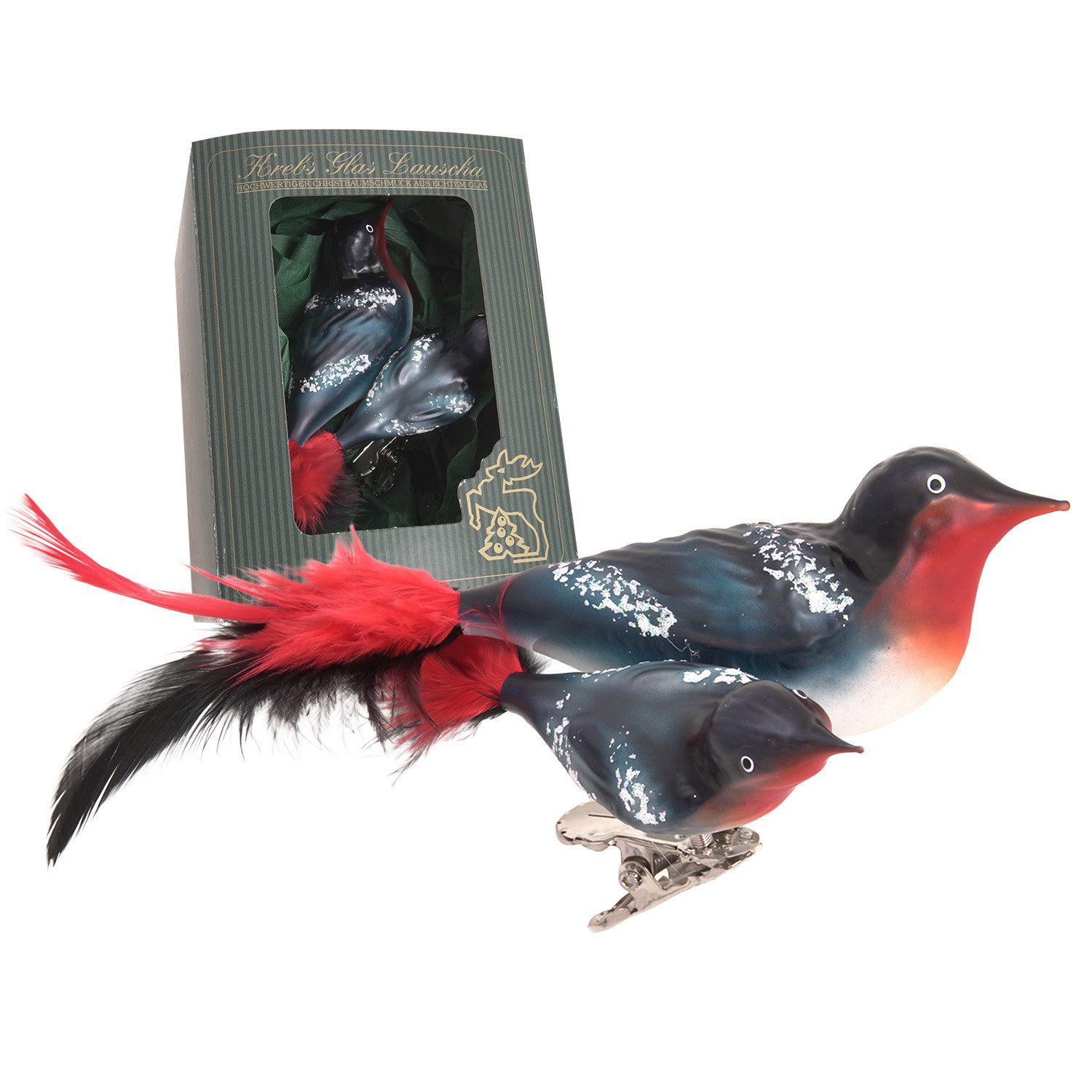 Krebs Glas Lauscha Weihnachtsbaumklammer Baumschmuck Doppelvogel Dompfaff Rot 9cm (1-tlg)