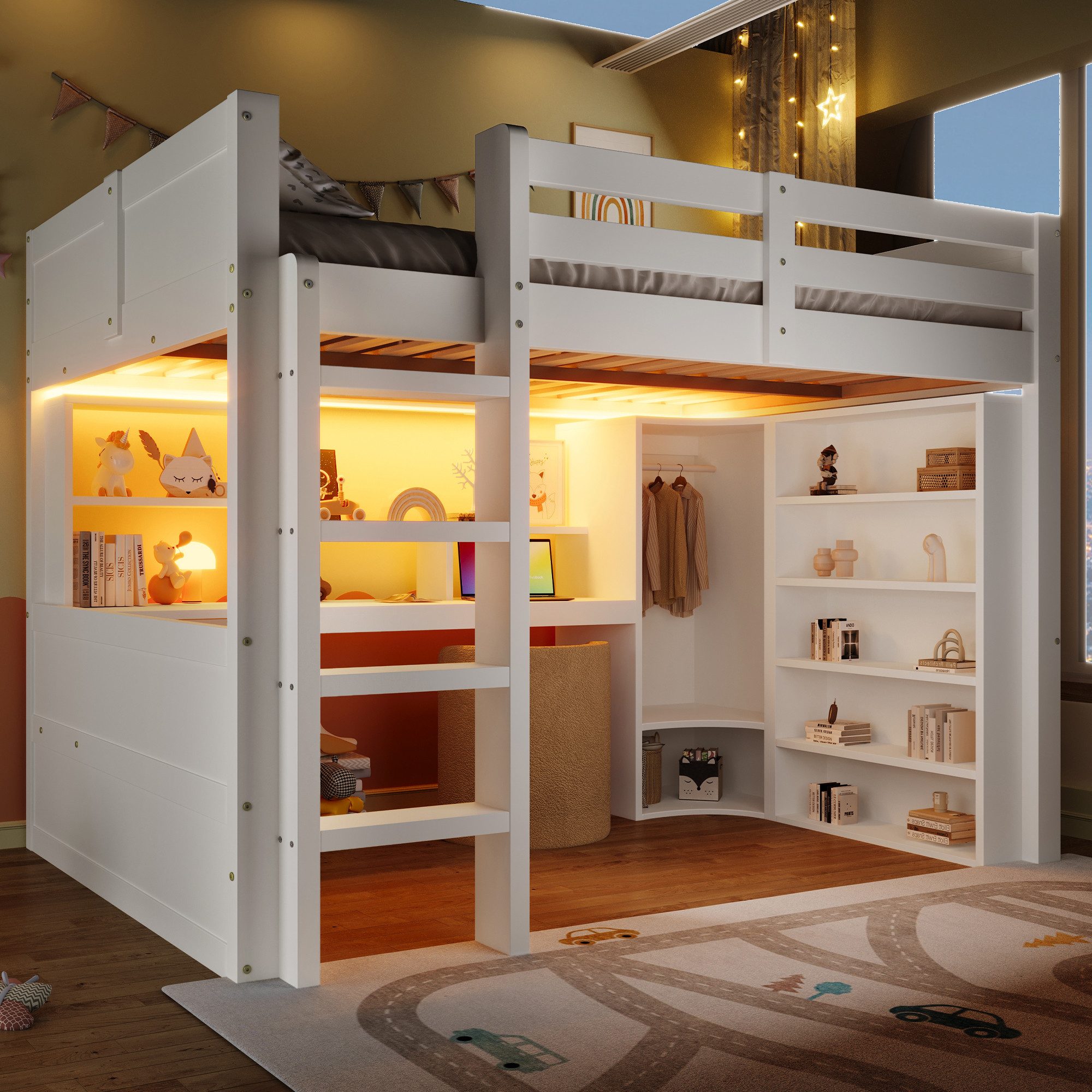 Flieks Hochbett Kinderbett 140x200cm mit LED-Lichtleiste Kleiderschrank Schreibtisch