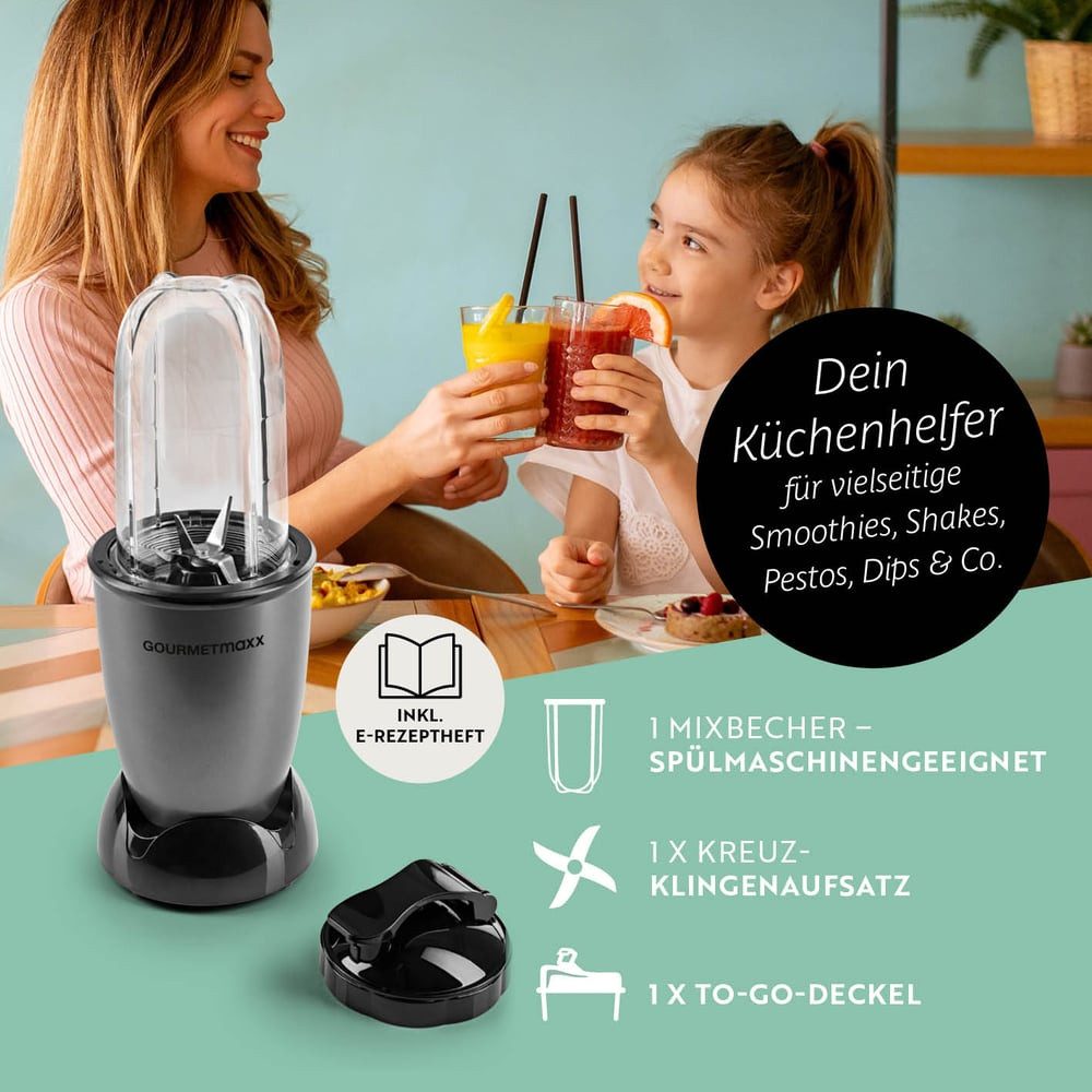 GOURMETmaxx Standmixer Mr. Magic 4-tlg. 400W anthrazit/schwarz, 400 W, Elektrischer Mini-Mixer 500ml pürieren Smoothies Shakes Cocktails