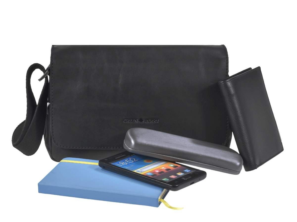 Greenburry Umhängetasche Pure Black, Schultertasche, 3 Hauptfächer, Vorfach, Reißverschlussfächer, Leder