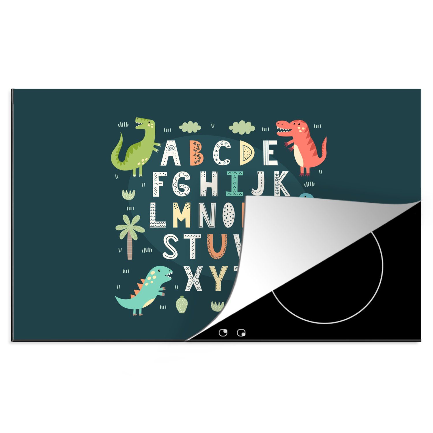 MuchoWow Herdblende-/Abdeckplatte Illustration des Alphabets und der Dinosaurier, Vinyl, (1 tlg), 81x52 cm, Induktionskochfeld Schutz für die küche, Ceranfeldabdeckung