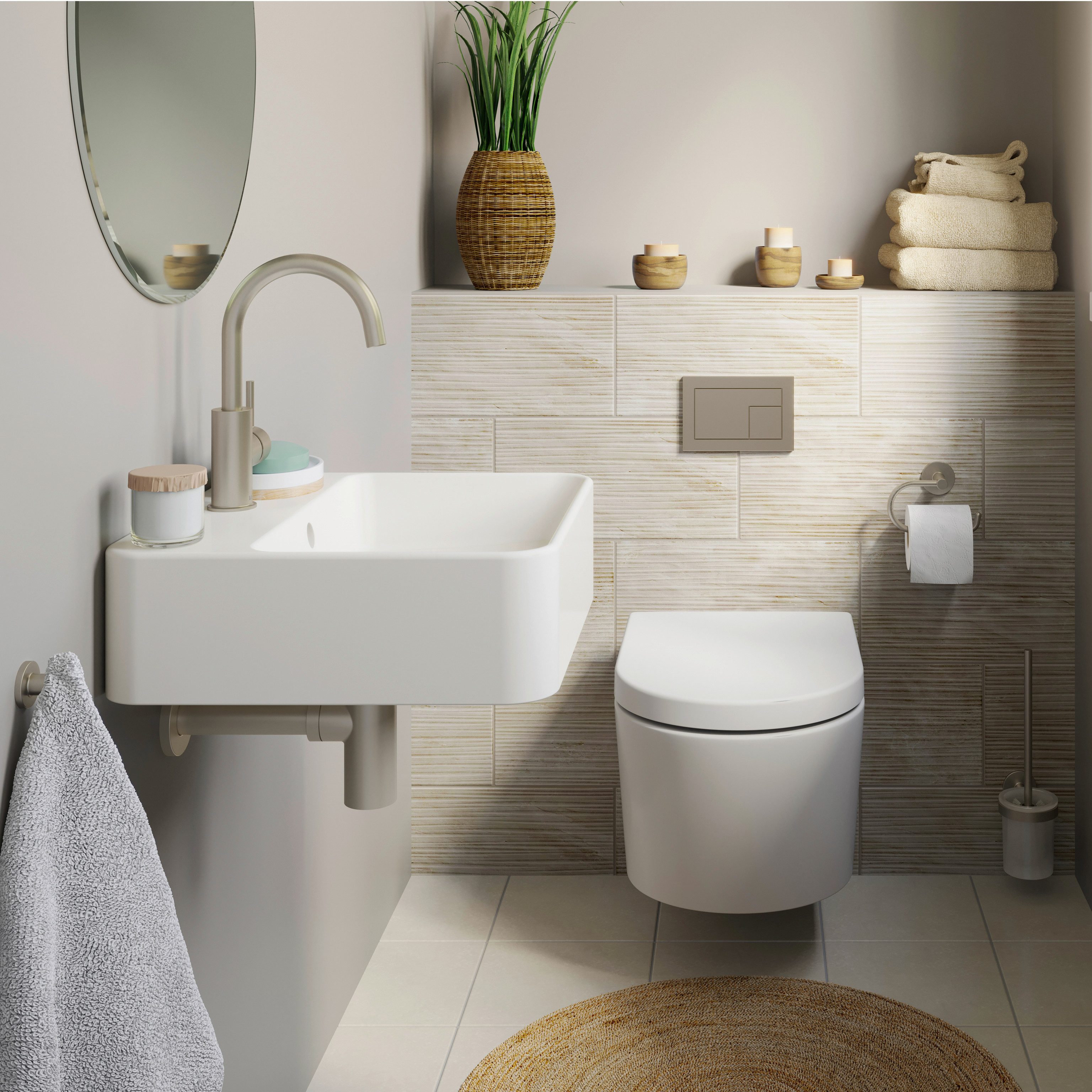 Lenz WC-Komplettset PERFECT FIT Gästebad, WC, Waschbecken, Armatur, Accessoires, Siphon, wandhängend, (Gäste-Bad-Set Komplettes Gästebad als Set), 8-teiliges Bad-Set