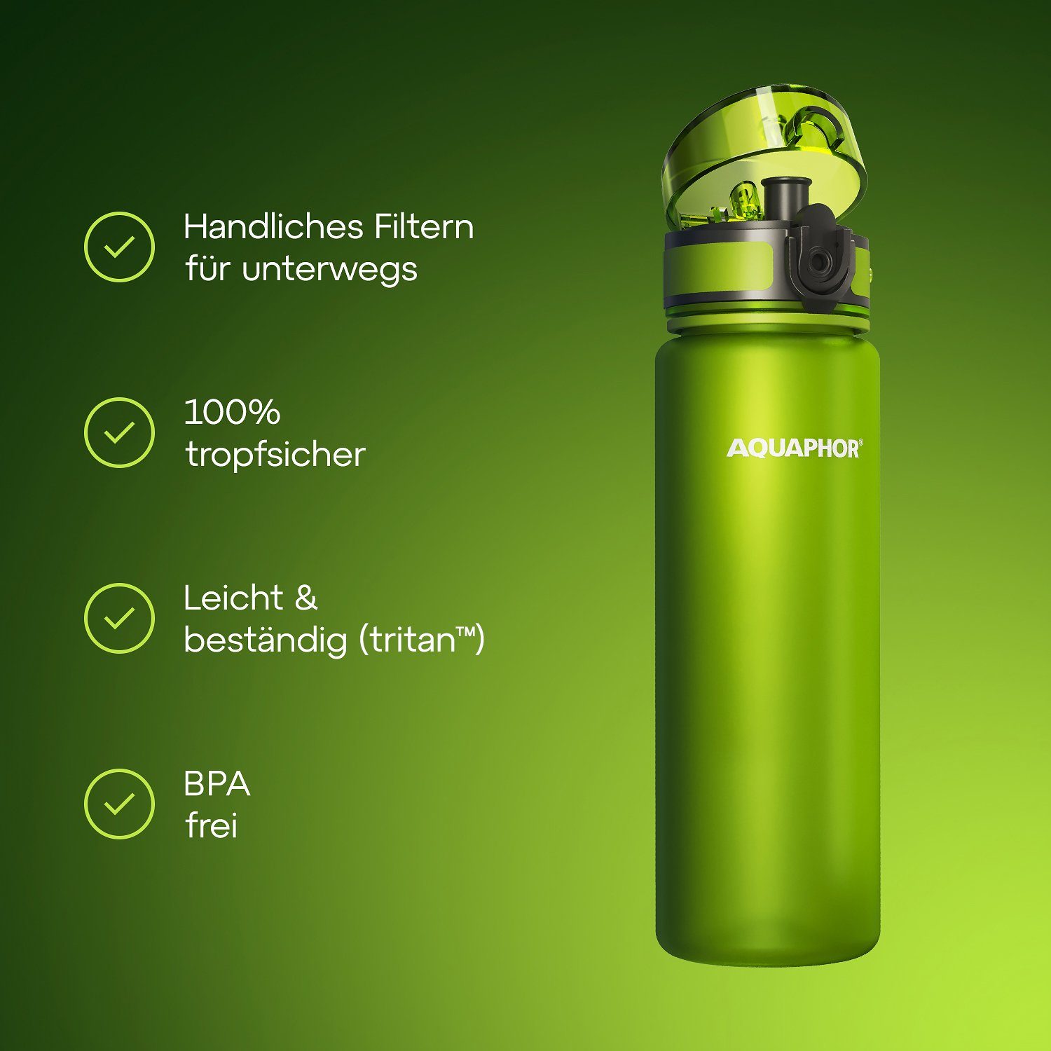 Wasserfilter für & AQUAPHOR unterwegs, Trinkflasche I BPA-frei, mit 500ml. Tritan Flasche Farbe: mit Filter CITY lime Aus Aktivkohle I