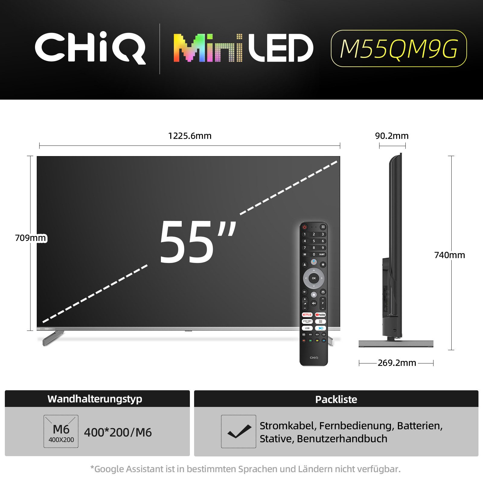 CHiQ M55QN9G Mini-LED-Fernseher (139 cm/55 Zoll, 4K Ultra HD, Smart-TV, Google TV, Mini LED TV, 4K UHD TV, DLG 120Hz, 95% DCI-P3-Farbgenauigkeit, Dolby Vision, Google Assistant)