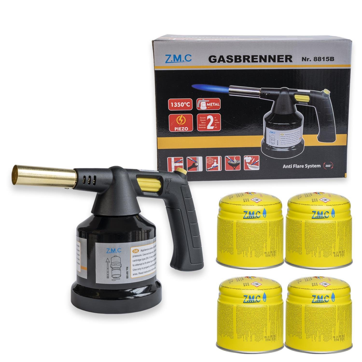 ZMC Flambierbrenner Gasbrenner Grillanzünder Lötlampe Gasanzünder + 4 Gaskartuschen 190g, (Lötpistole Leistung von 1,3 kW Temperatur von bis zu 1350 ° C zu erreichen), Lötbrenner Kohleanzünder Bunsenbrenner Flammspritzpistole