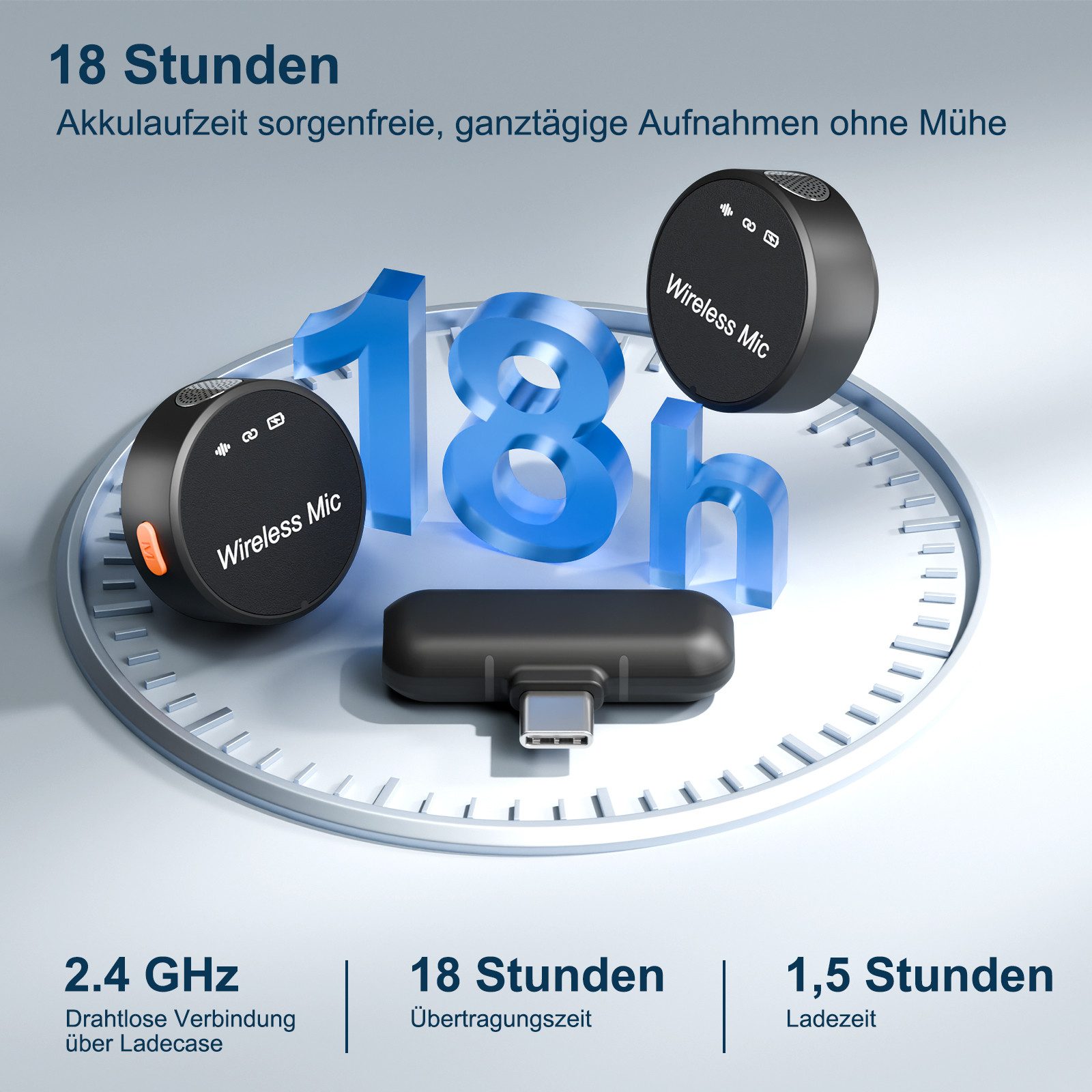 CkeyiN Mikrofon Kabelloses Lavaliermikrofon für Kamera, iPhone, Android, PC, 18H Akkulaufzeit, 50m Reichweite mit Geräuschisolierung für Vlog