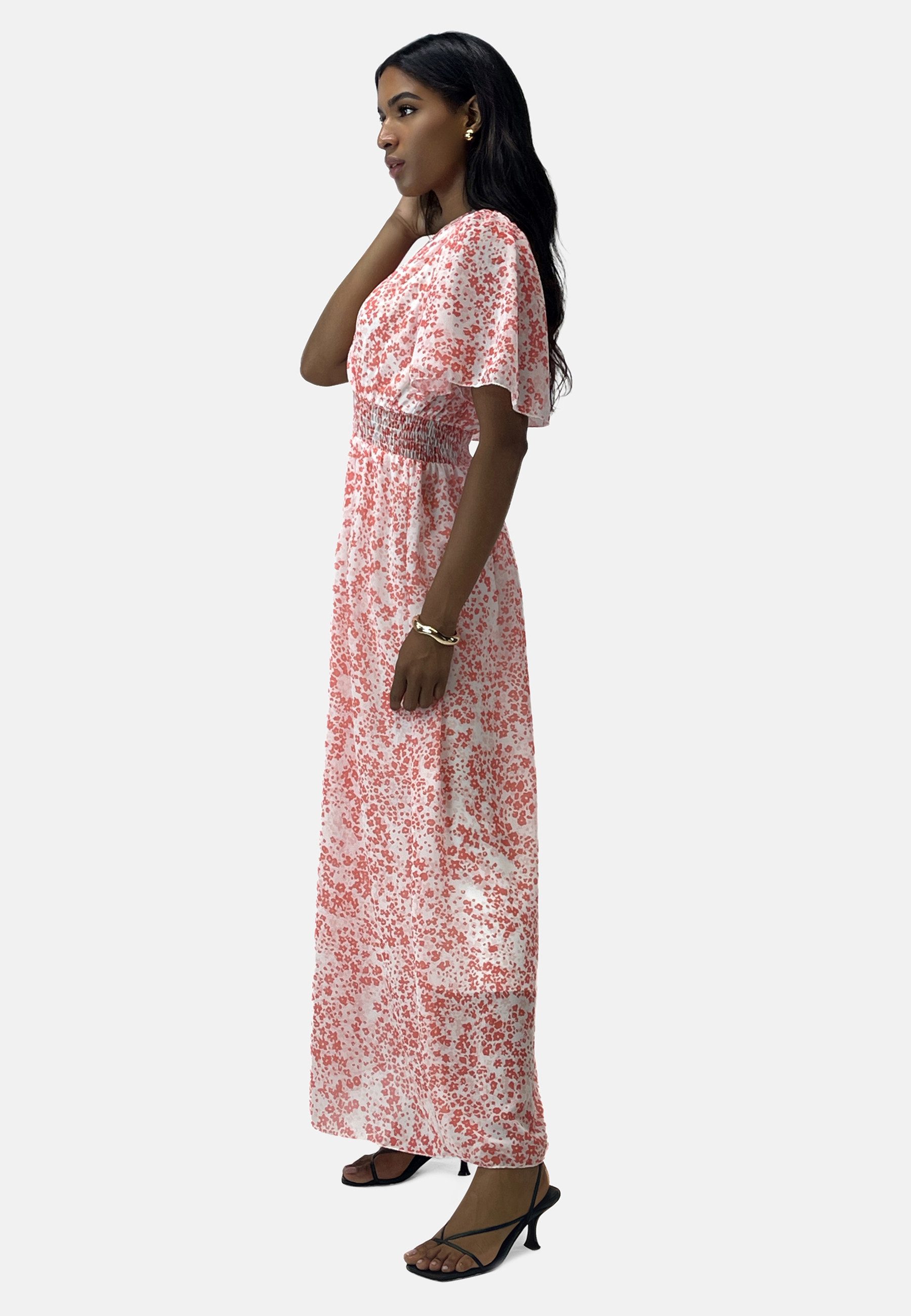Elara Maxikleid Damen Maxikleid mit V-Ausschnitt, Chiffon-Optik & gesmokter Taille (1-tlg)
