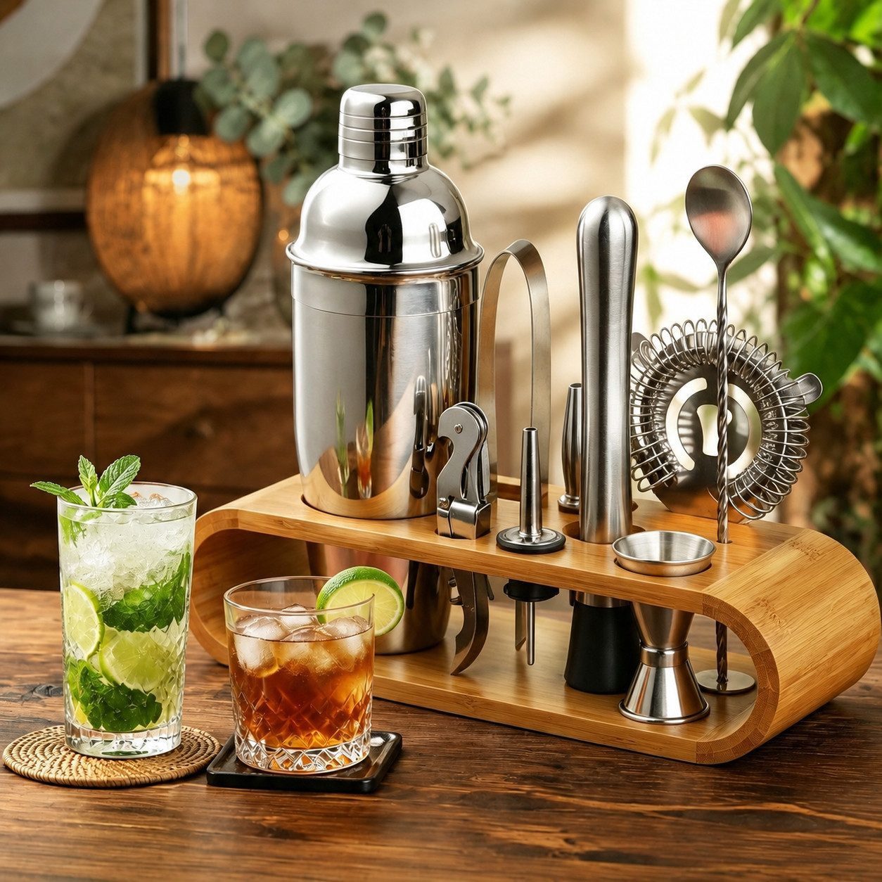 GLIESE POWER Cocktail Shaker 10-teiliges Cocktail-Set 304-Edelstahl mit Bambusständer für Hausbar, Edelstahl, (Set, 10-tlg., Messbecher, Löffel, Ausgießer, Rühr – Bild 3 von 5