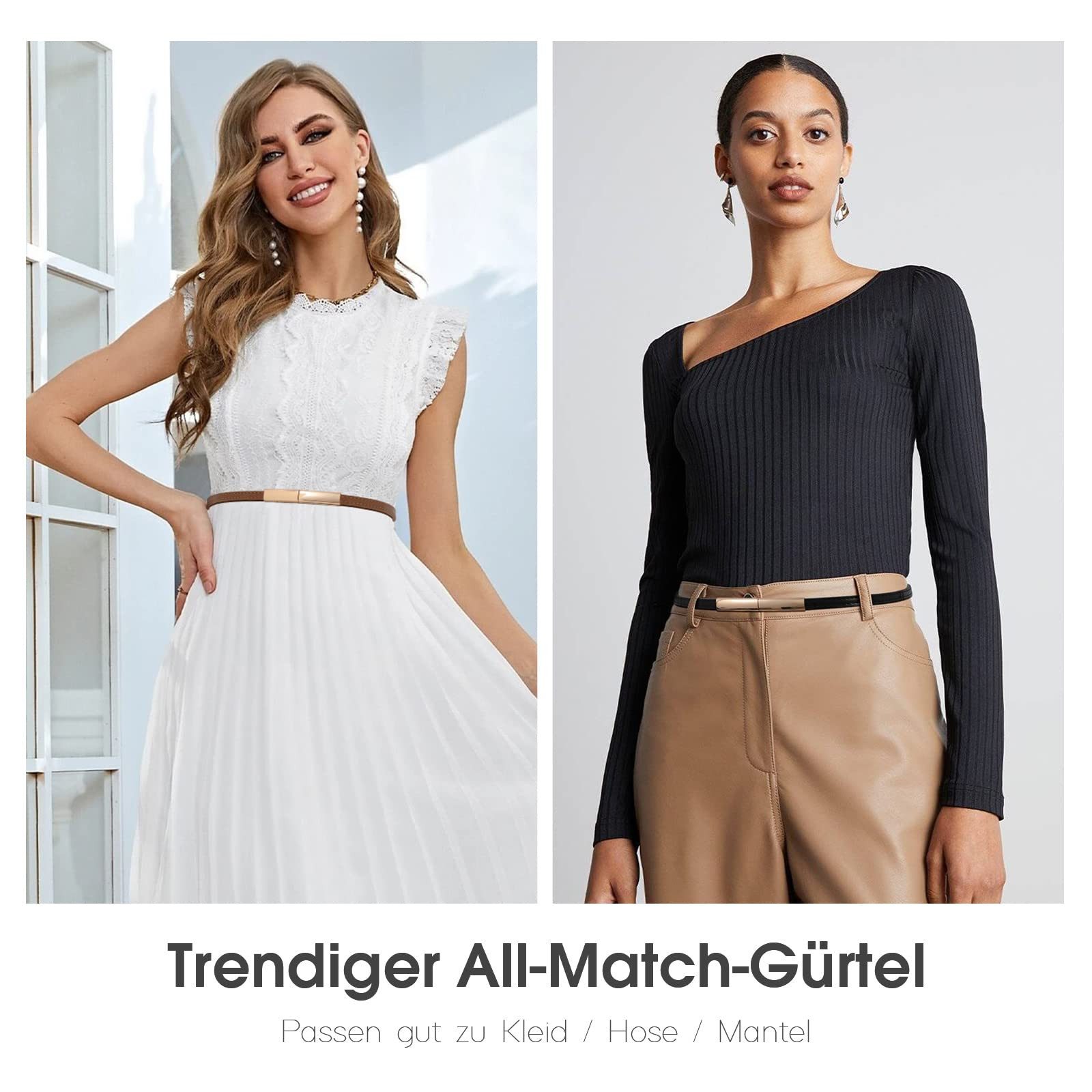 Zaewry Taillengürtel Schmaler Taillengürtel für Damen Ledergürtel Verstellbarer Dünner (2-St) Gürtel Skinny Retro Taillengürtel Klassisch Dekorativen Gürtel – Bild 4 von 5
