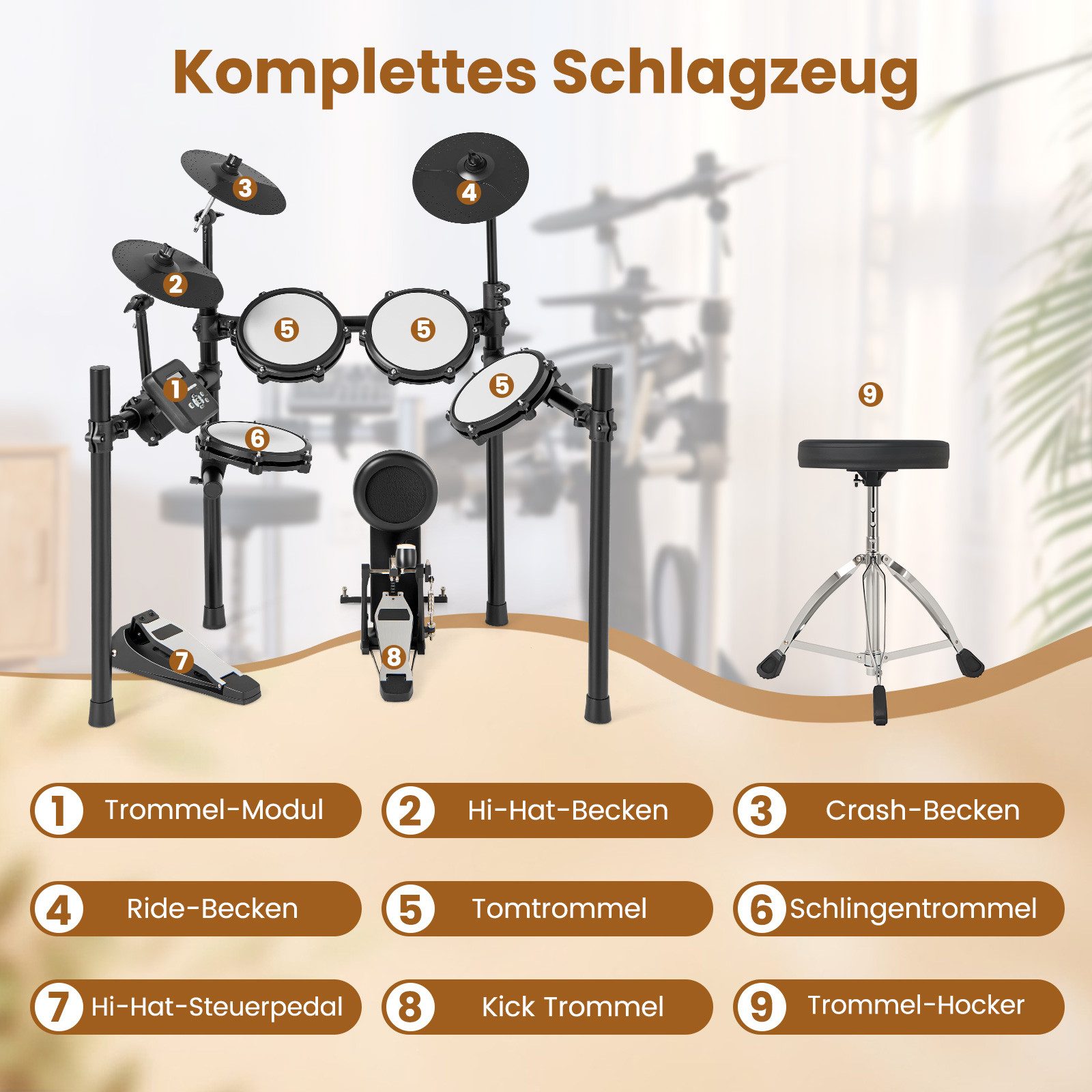COSTWAY E-Drum, 1-St., faltbar, E-Schlagzeug, mit Metronom & USB MIDI
