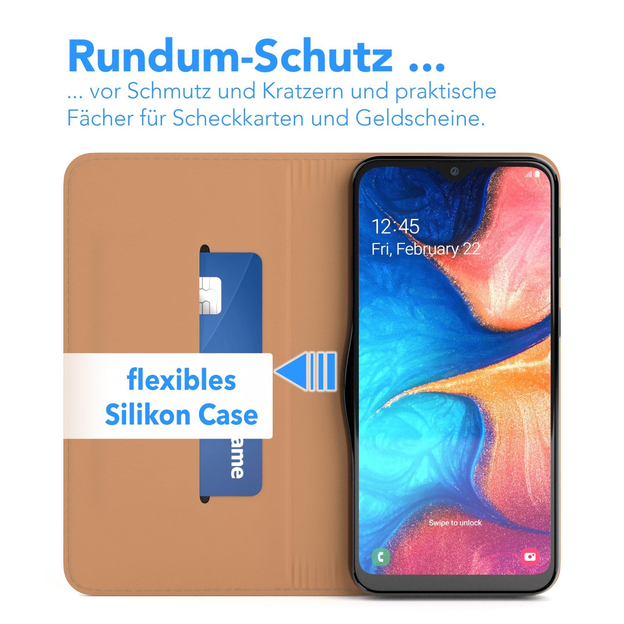 EAZY CASE Handyhülle Bookstyle Vintage für Samsung Galaxy A20e 5,8 Zoll, Tasche Kunstleder Etui Handytasche mit Standfunktion Hülle Hellbraun