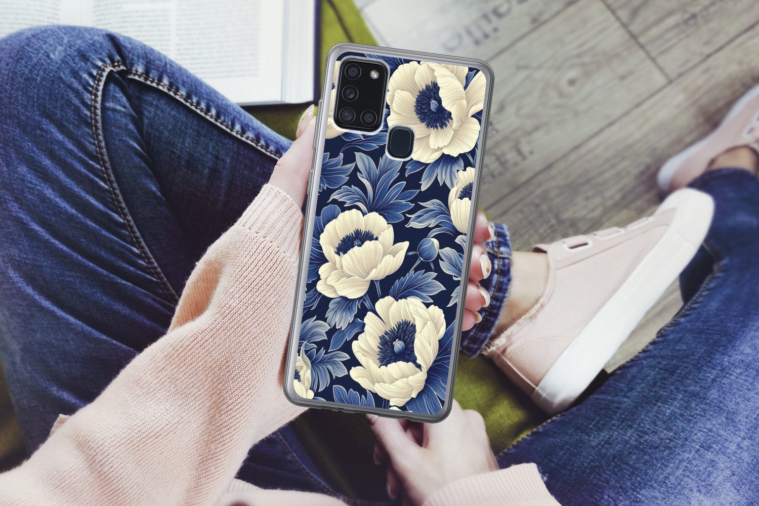 MuchoWow Handyhülle für Samsung Galaxy A21s Blumen - Muster - Blau - Weiß, Smartphone-Bumper, Print, Handy Schutzhülle Dünn