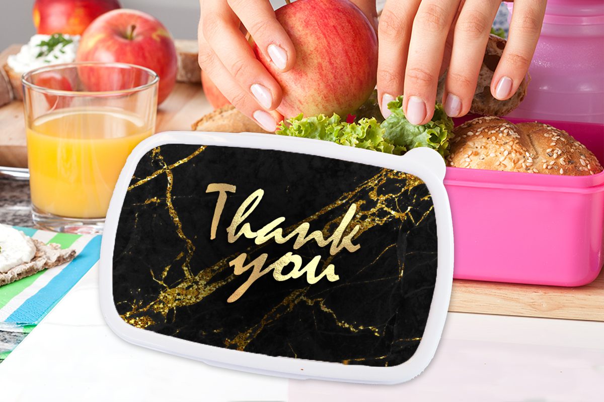 Brotdose (2-tlg), Zitate Lunchbox Dank Gold rosa - Brotbox Kinder, MuchoWow - Marmor, Kunststoff, - Erwachsene, Snackbox, Mädchen, für Kunststoff