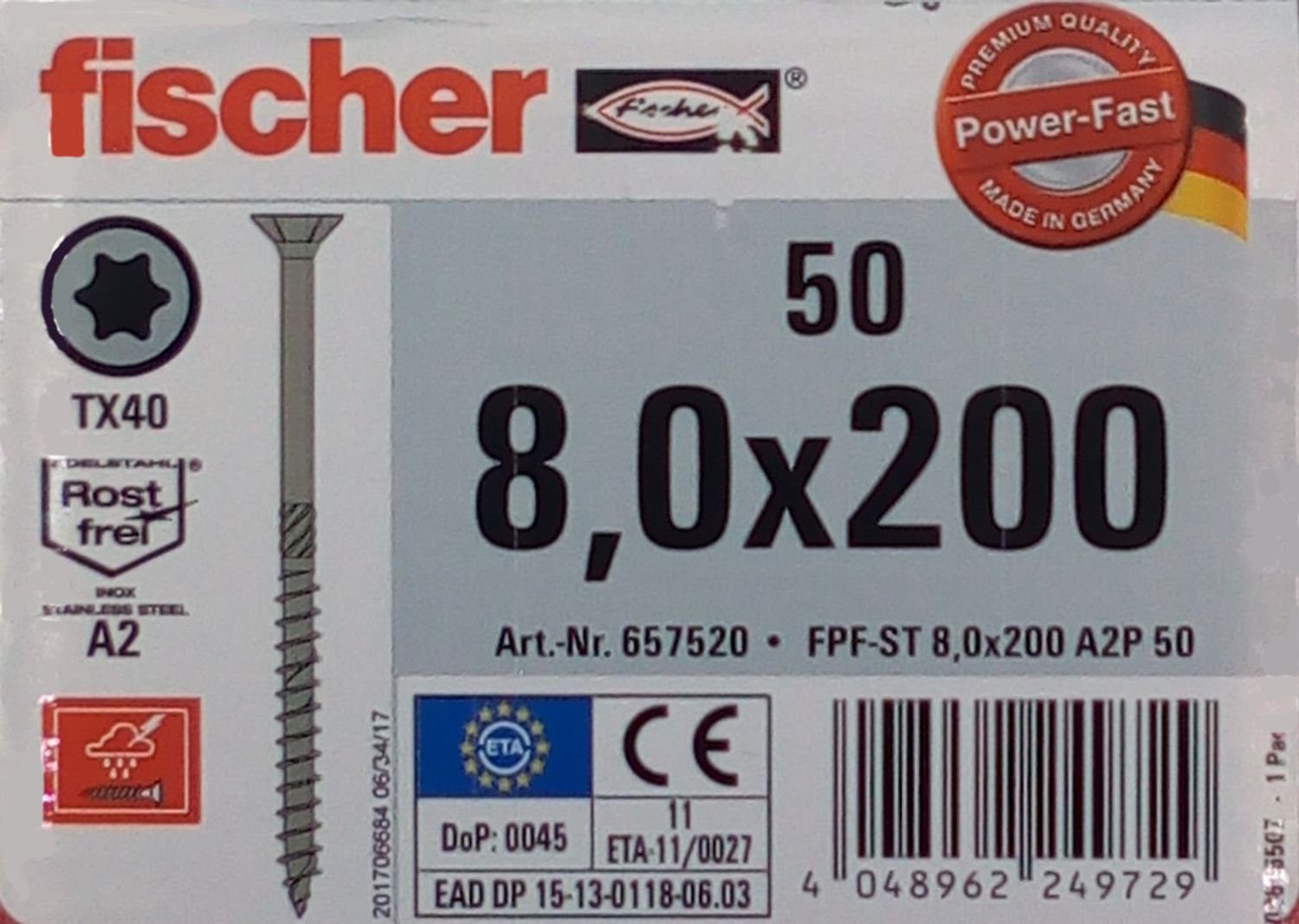 50x A2 Fischer Holzschraube Teilgewinde, TX Senkkopf (50 8,0x200 Schraube Edelstahl Befestigungstechnik fischer St)
