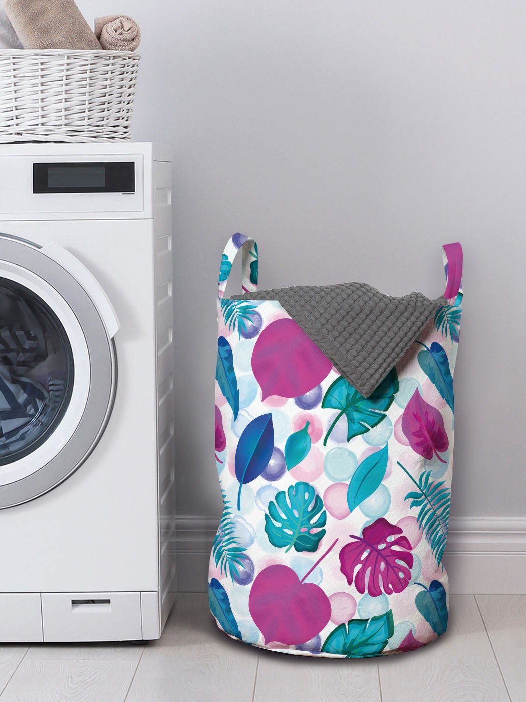 Abakuhaus Wäschesäckchen Wäschekorb mit Griffen Und Waschsalons, Blätter Blau für Pink Tropic Runden Kordelzugverschluss