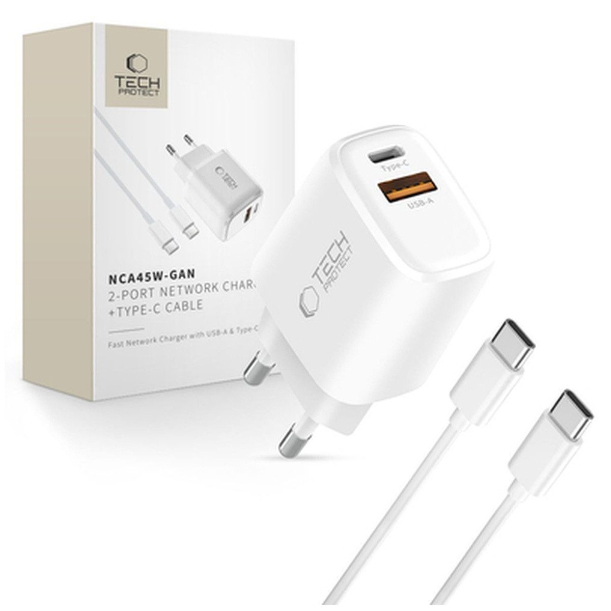 TECH PROTECT Tech Protect NCA45W GAN 2 Port 45W WandLadegerät mit USB-C Smartphone-Ladegerät